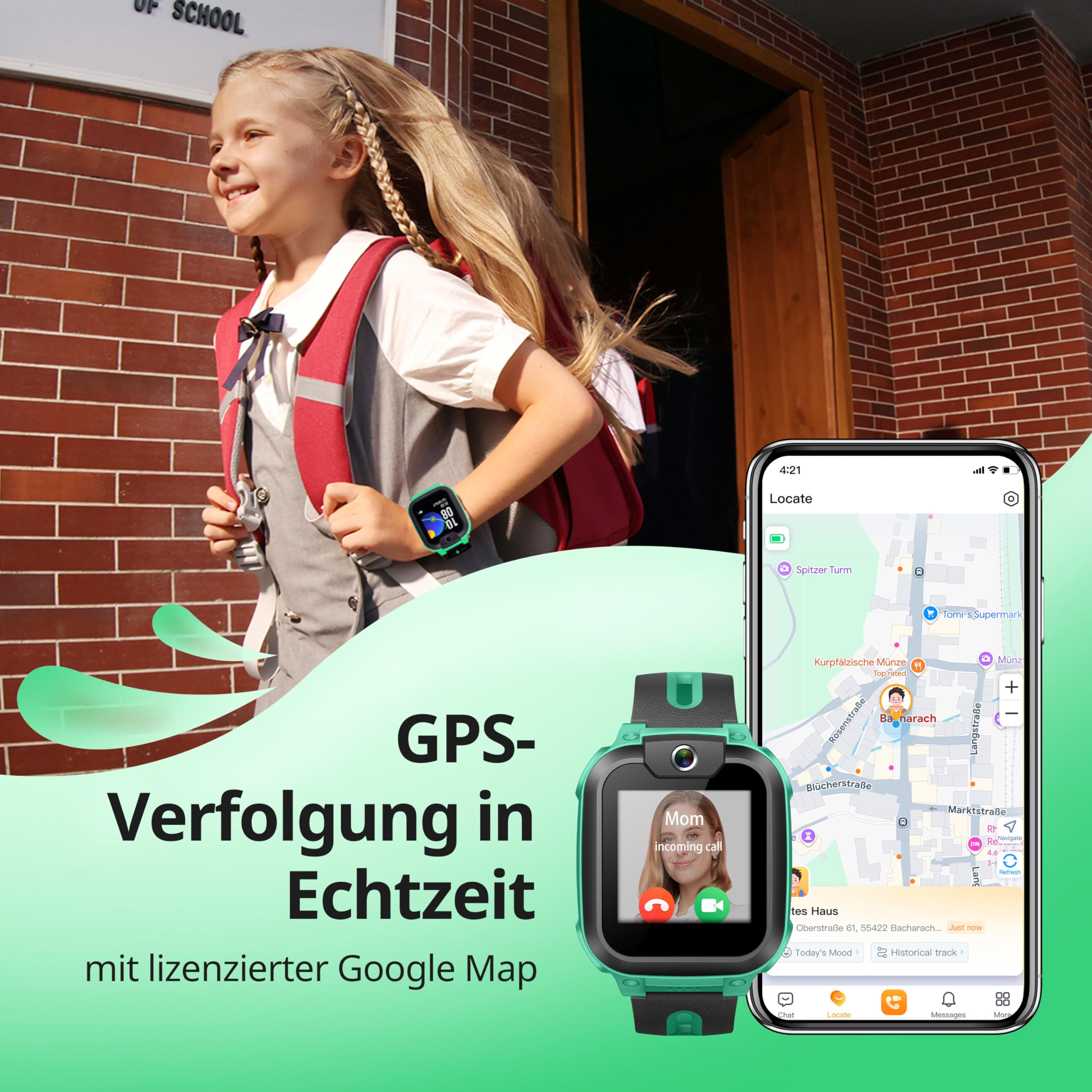 imoo Z1 smartwatch für Kinder, Kinder smartwatch und SIM-Karten-Unterstützung, SOS Notruf, Klassenmodus, IPX8 wasserdicht, 1,3 Zoll, Frontkamera 2 MP, Grün