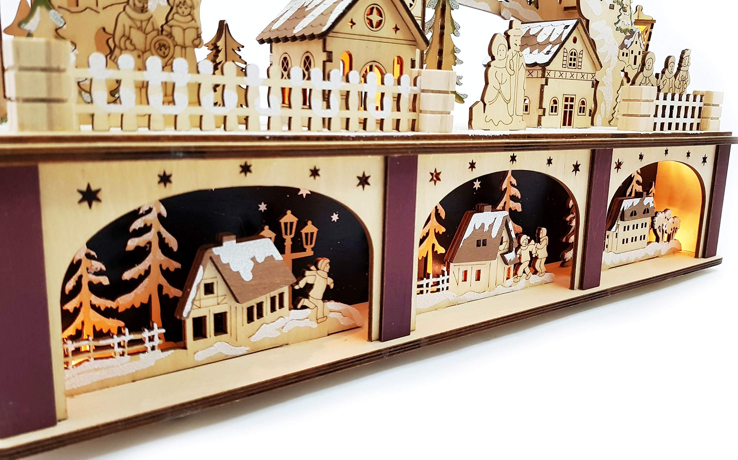 Wichtelstube-Kollektion XL 3D LED Schwibbogen mit Podest Weihnachtsdorf Lichterbogen Schwippbogen Echtholz Weihnachtdeko Holzkunst Fenster 45cm Breite