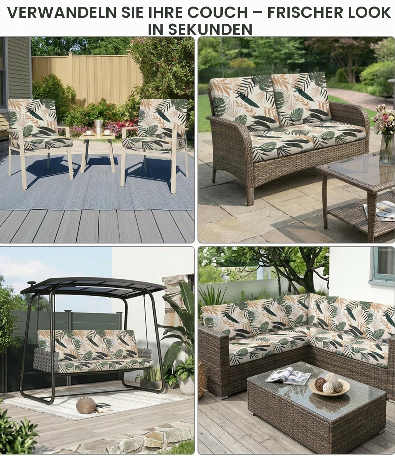 Hiseng Outdoor Sitzkissenbezug 8 Stück, Drucken Terrasse Gartenpolster Ersatzbezug, Stretch Sitzkissenbezug Sofa Kissenbezüge mit Gummiband für Terrassenmöbel, Gartenmöbel