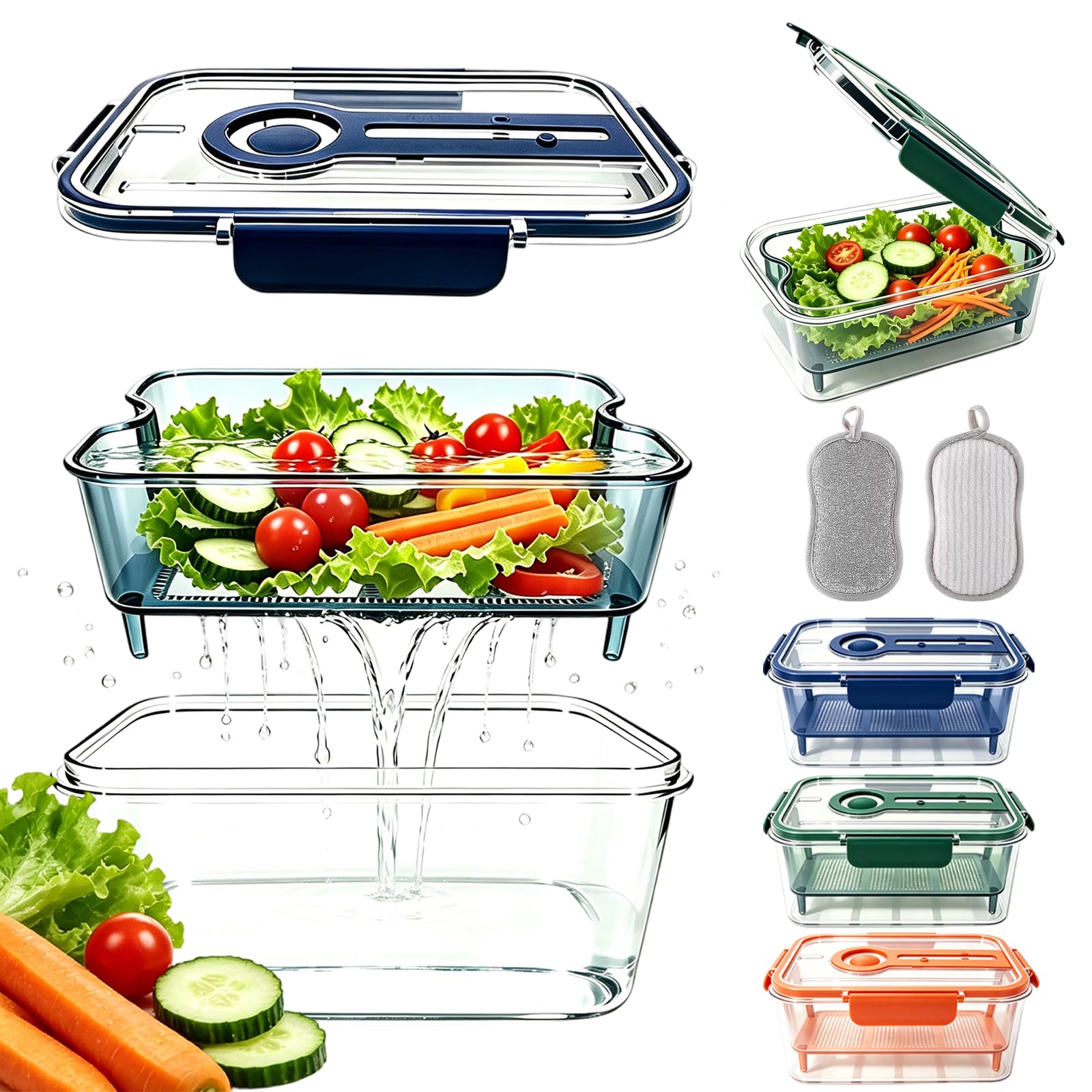 Jmwub Food Storage Containers for Fridge with Removable Colander (Blue)