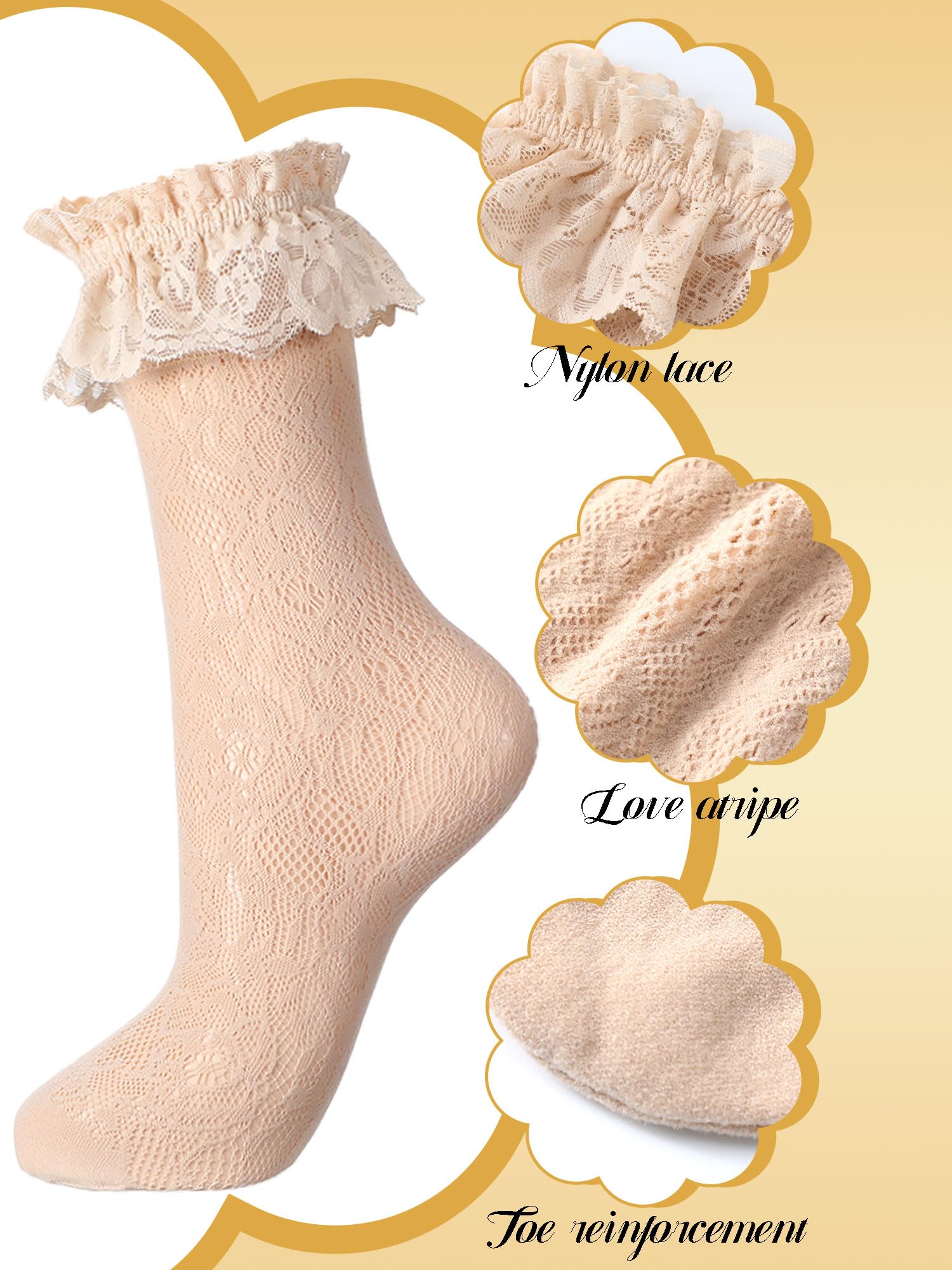 Geyoga 4 Pairs Lace Ruffle Frilly Ankle Socks Women Lace Cute Dress Socks for Women Ladies Princess Accessories: 5-9 Grey, Pink, Skin Color, Light Blue