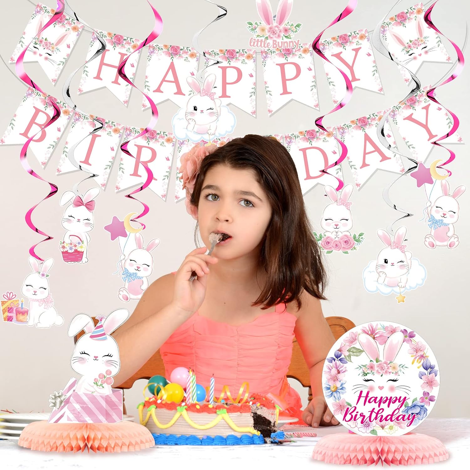 26 Pcs Easter Bunny Birthday Party Decorations Kit Supplies Bunny Birthday Banner Honeycomb Centerpiece Rabbit Hanging Swirls Cutouts for Girl Baby Shower Party Supplies