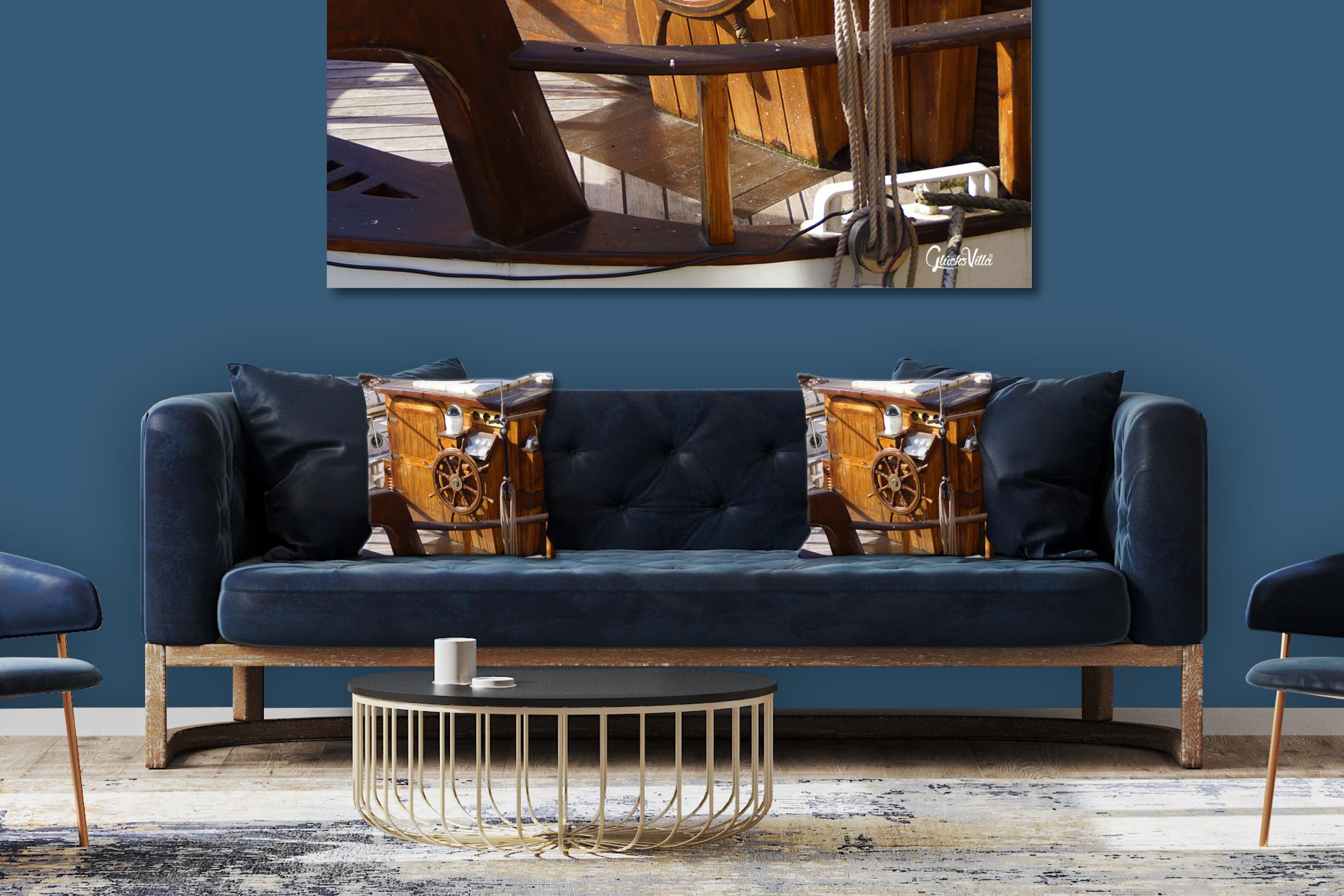 Segel-Schiff 6 - Foto-Kissen-Hülle Set (2 STK.) 40 x 40 cm | Kissen-Bezüge - passend zu Wandbild - Deko-Kissen - Segel-Boot Holz Meer Steuerrad maritim