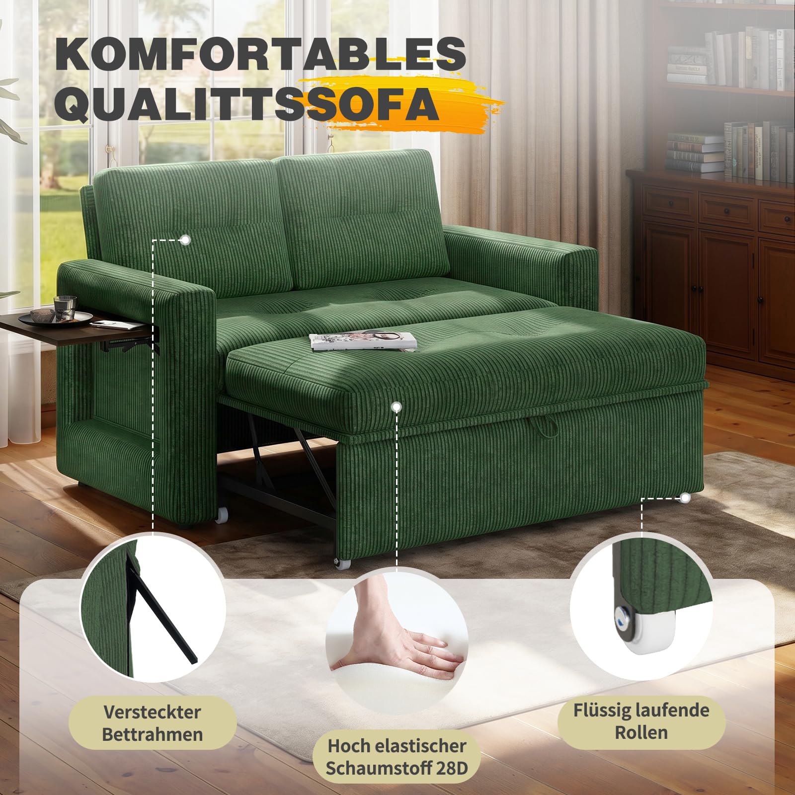 YOUDENOVA Sofa 3 w 1, fotel z funkcją łóżka i funkcją salonu, sofa relaksacyjna z 5 regulowanymi pozycjami oparcia, sofa 2-osobowa z łóżkiem, stołem i kieszeniami bocznymi, prążkowana zieleń
