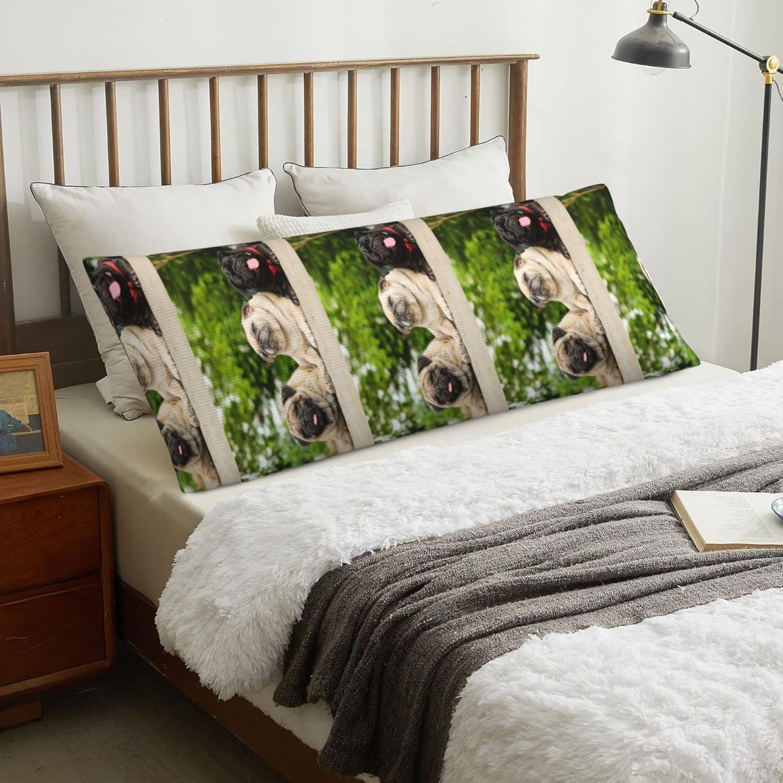 Pug Friendship Bokeh Dogs Pets Friends Pug, Body Pillow Cover with Zipper,Long Body Pillowcase 20 x 60 in