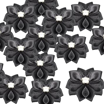 pson 50PCS 1.18 Inch Satin Ribbon Flowers, Tiny Flower Applique, Rose Rhinestone Applique for DIY, Craft, Wreath, Wrapping Black
