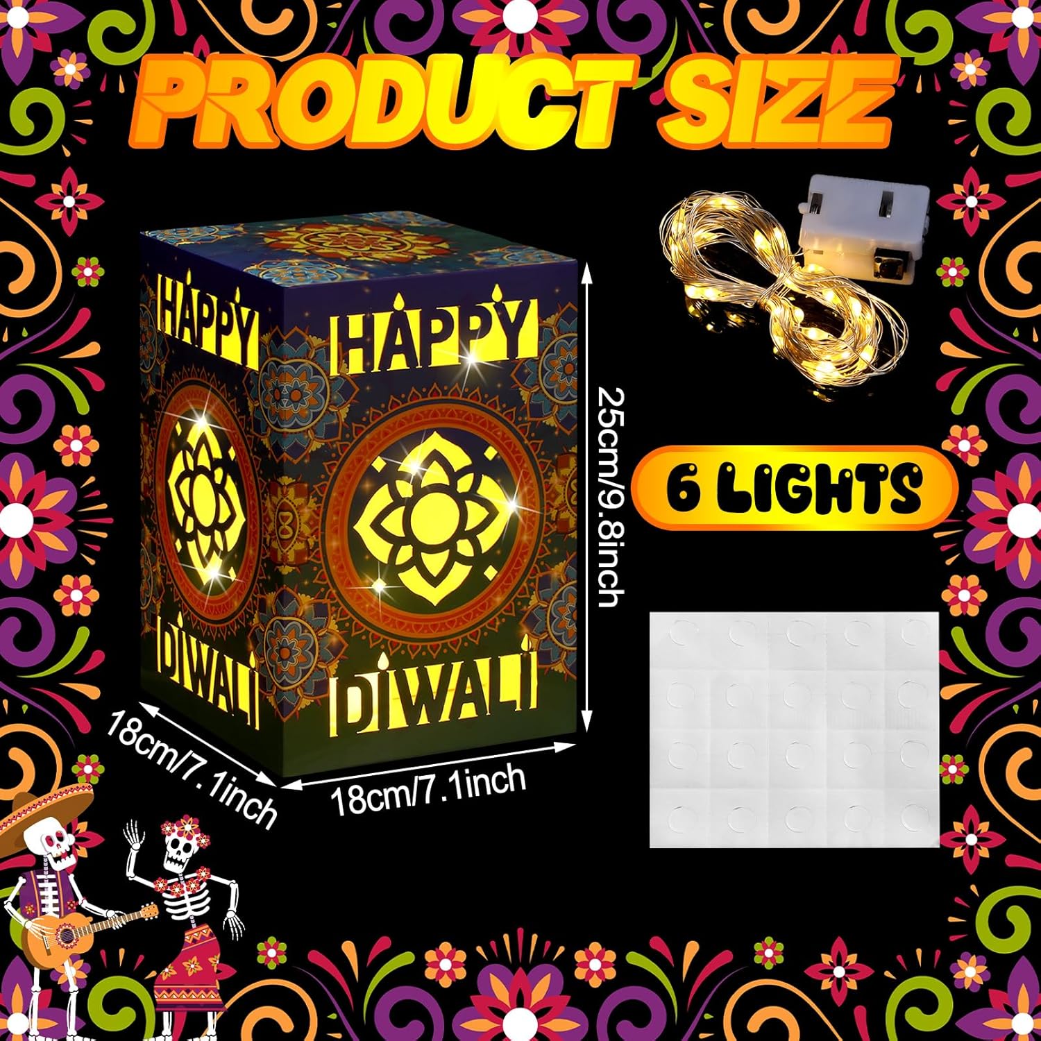 24 Set Happy Diwali Decoration Diwali Paper Candles Holders Boxes with String LED Lights for Party Decorations with Classic Elements Fit for Home Indoor Outdoor Party Centerpieces Table Decoration