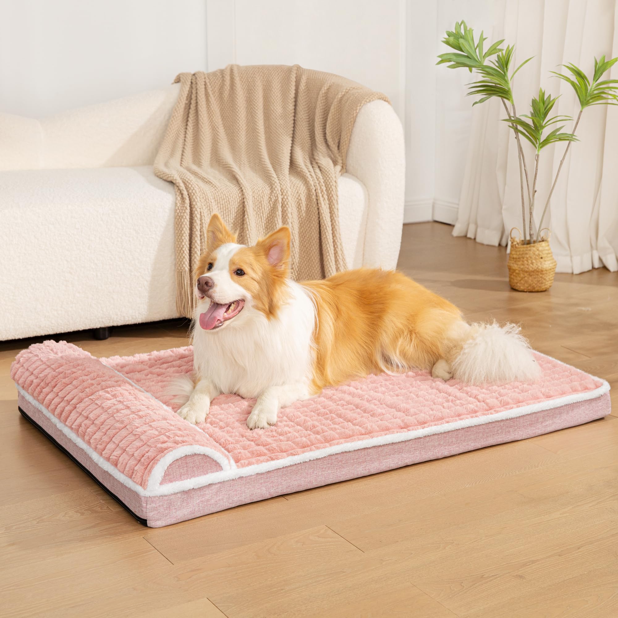 Cama ortopédica para perros grandes, cesta para perros con cojín XL, mullida, resistente al agua y antideslizante, lavable a máquina, 122 x 76 cm, rosa