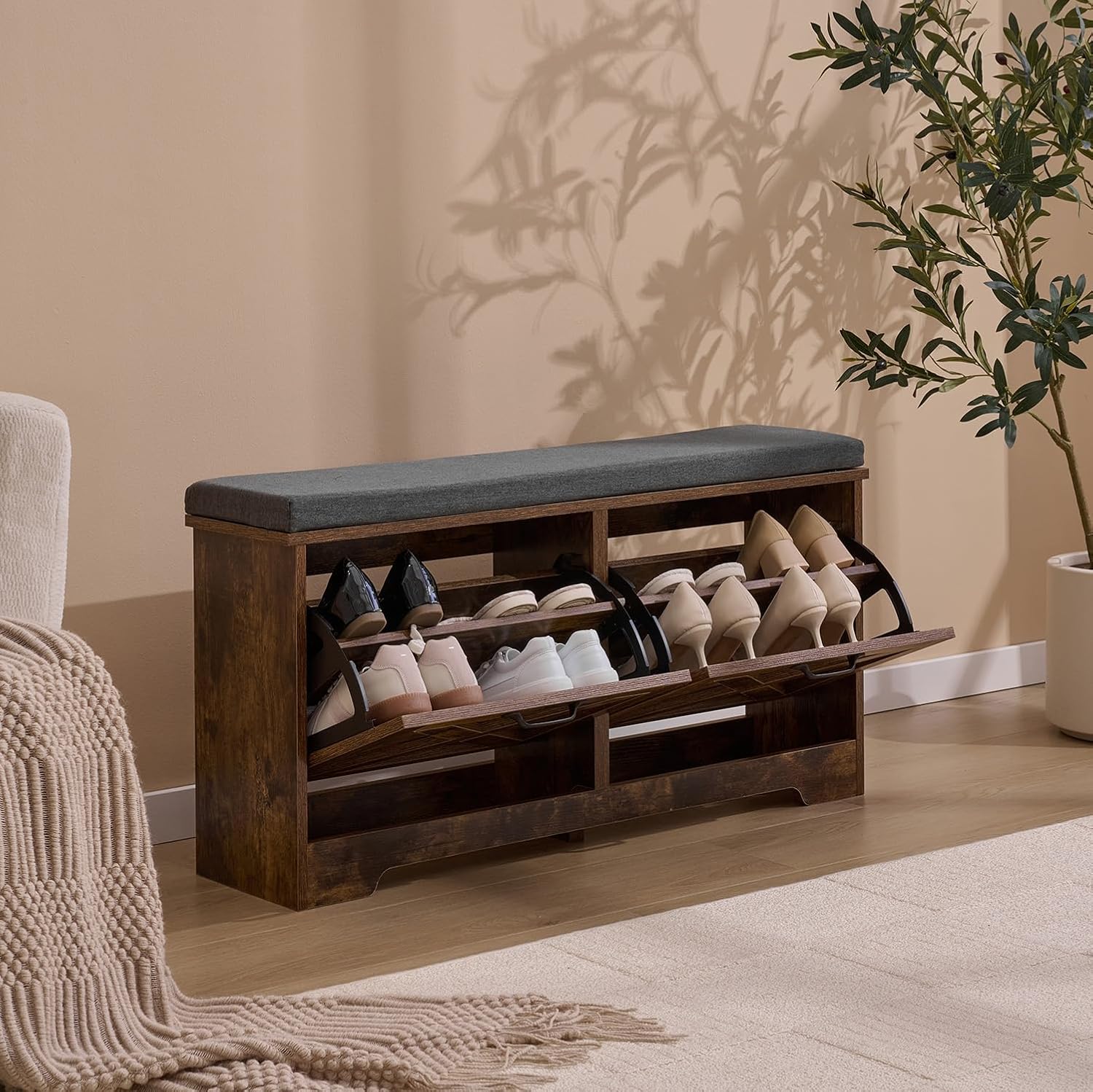 Shoe Storage Bench with 2 Flip Drawers & Barn Doors, Entryway Shoe Cabinet with Adjustable Shelves and Cushioned Seat,Shoe Organizer Storage Bench for Hallway, Living Room, Bedroom, Brown