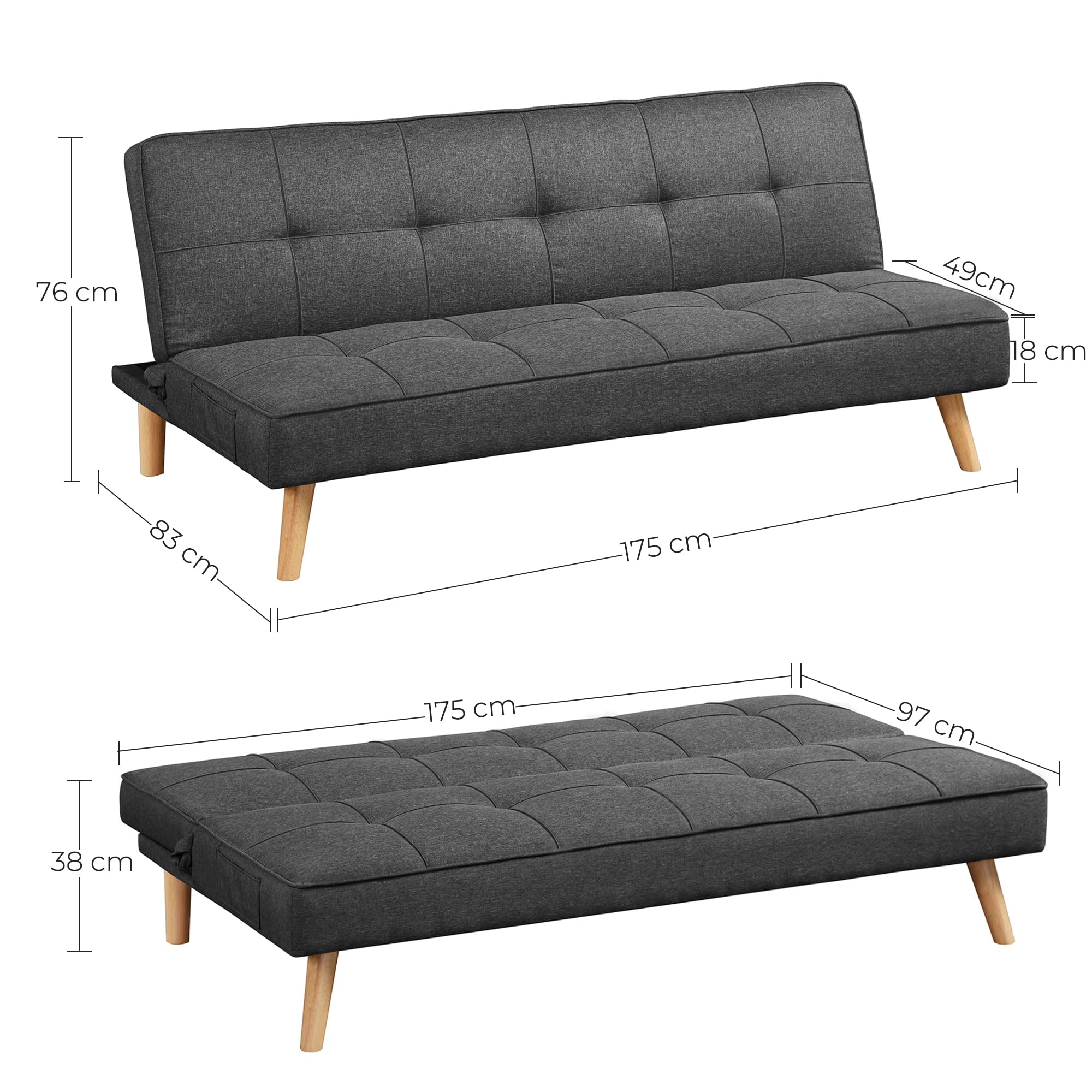 VASAGLE Divano Letto Futon, Divano Trasformabile, Rivestimento in Cotone-lino e Gambe in Legno, 175 x 83 x 76 cm, Divano Pieghevole per Appartamento, Grigio LCS701G01