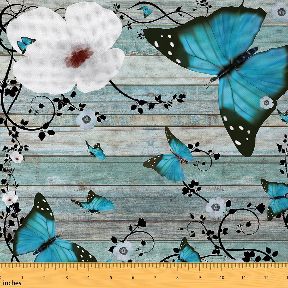 Butterfly Fabric by The Yard Butterflies Print Waterproof Outdoor Fabric Beautiful Butterfly Upholstery Fabric for Chairs Butterfly Floral Wood Grain Blue Outdoor Fabric 3 Yards (L276*W150cm) — image 1