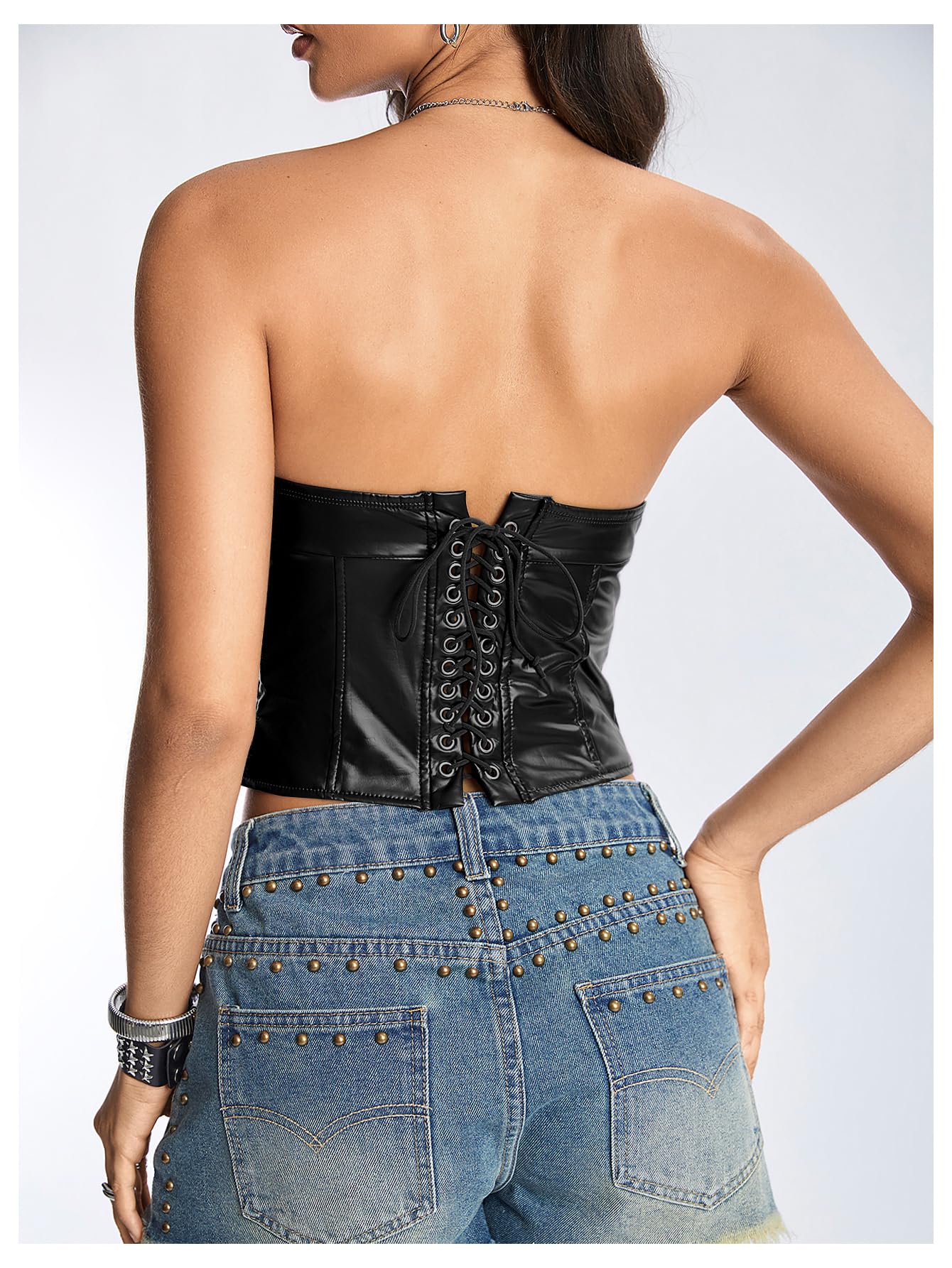 Floerns Top da donna in pelle PU con lacci sul retro Y2k Club senza spalline