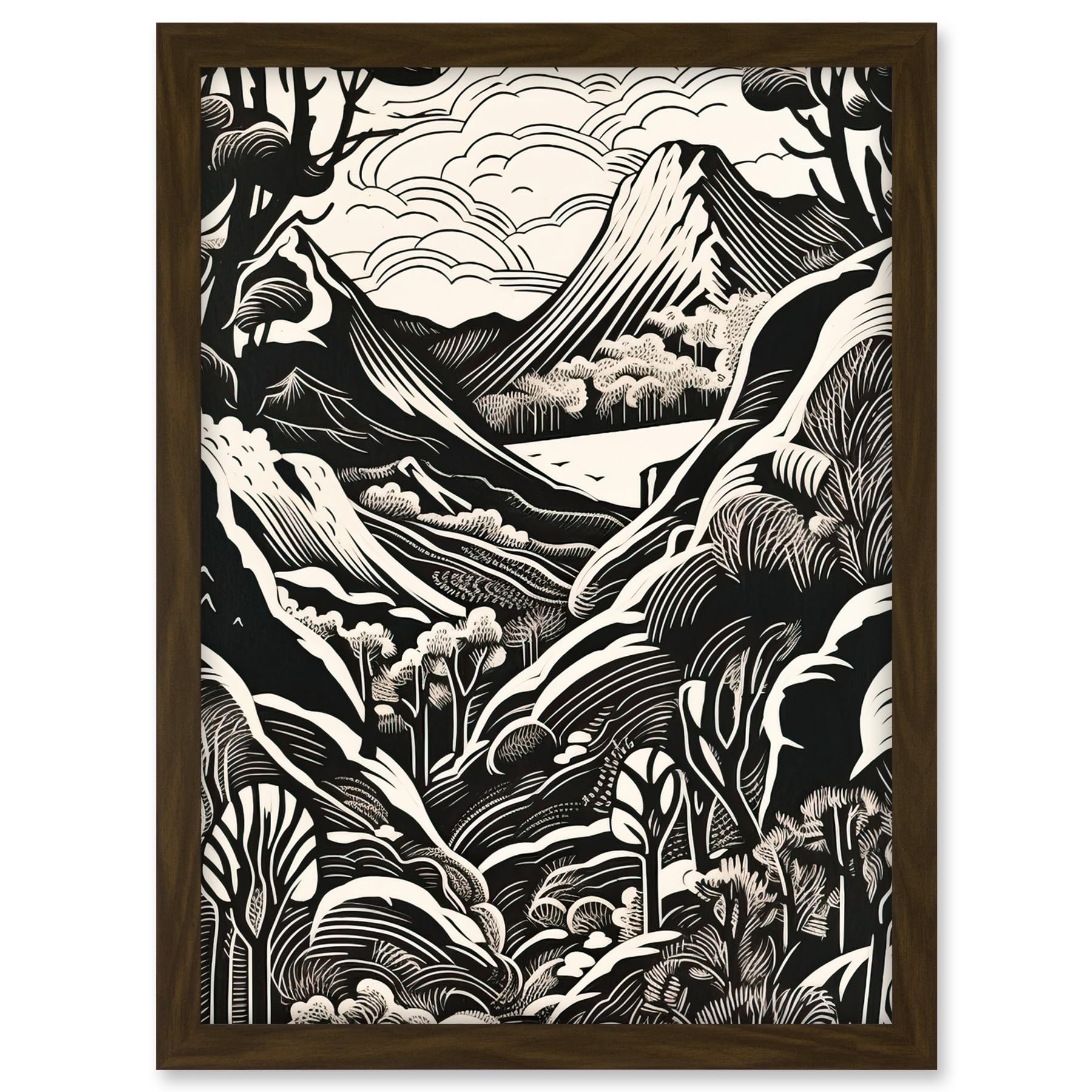 Artery8 Forest Mountain Landscape Black and White Linocut Artwork Framed A3 Wall Art Print