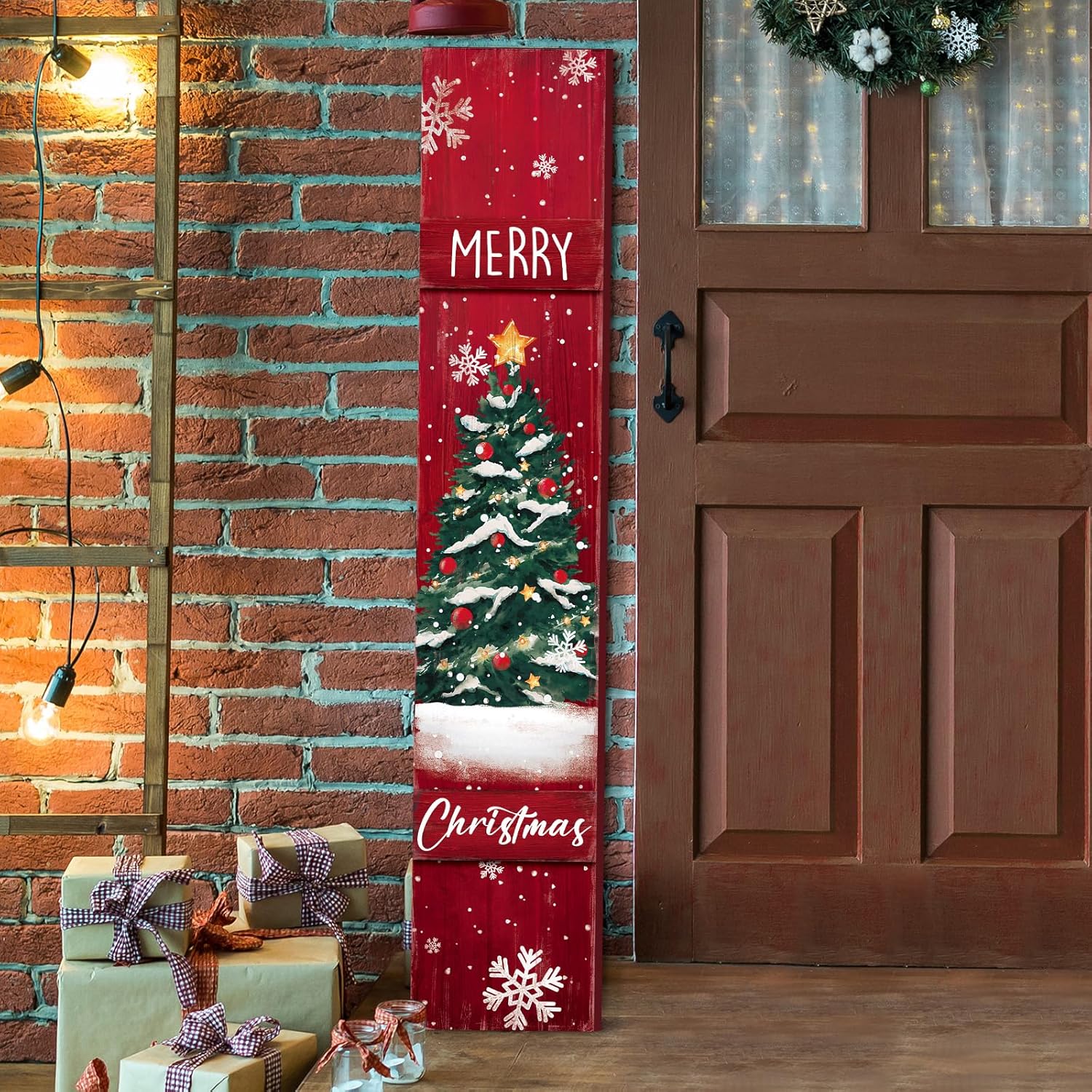 Christmas Porch Sign for Front Door Wooden Standing Vertical Porch Sign Rustic Merry Christmas Decor for Farmhouse Door Decoration, 47" H