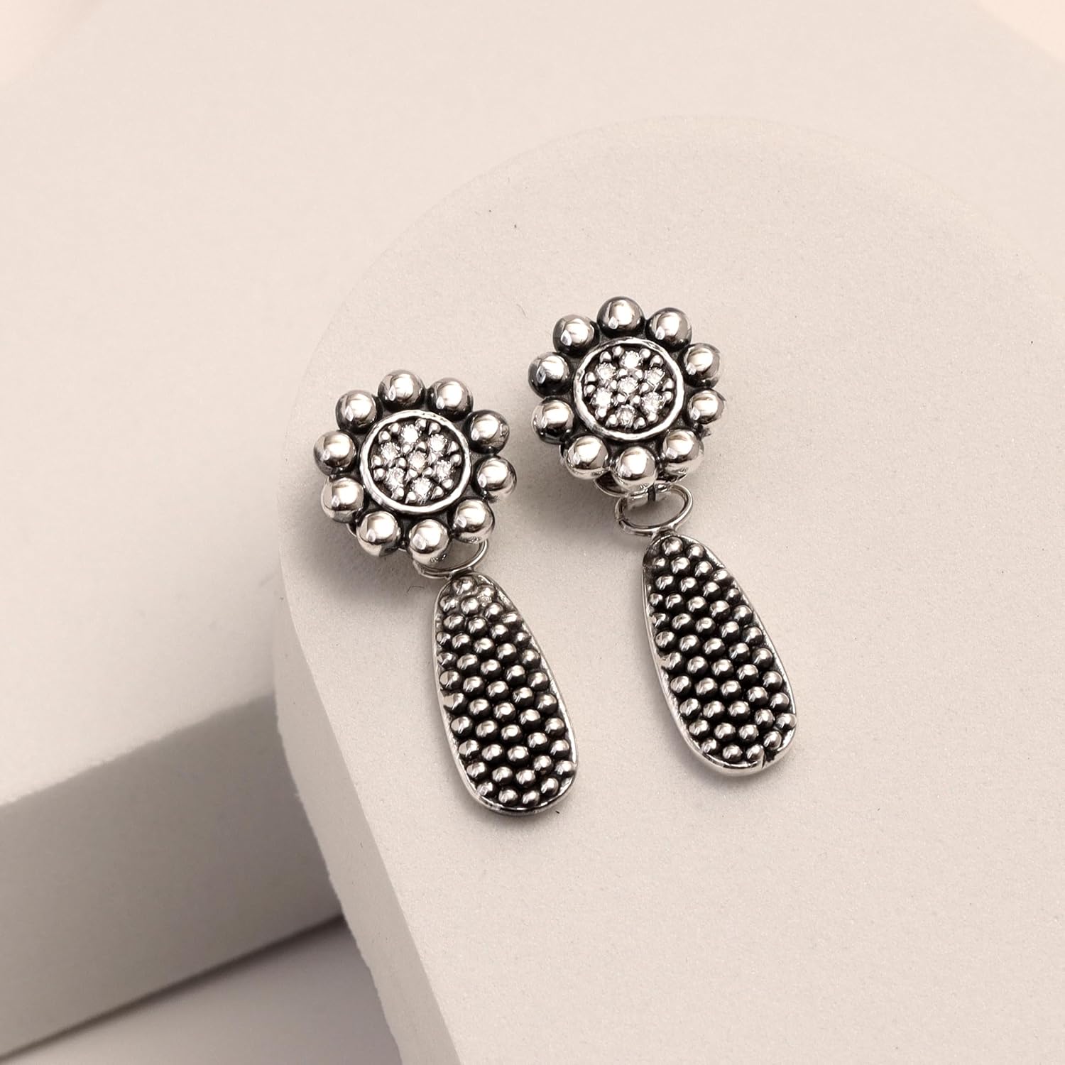 LeCalla 925 Sterling Silver Small Caviar Drop Earring | Antique Small Drop Dangle Earrings for Women | Women's Unique Style Beaded Earrings | Silver Teardrop Earrings