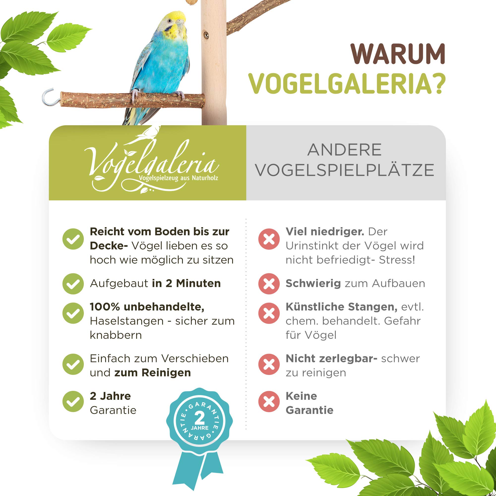 Vogelgaleria® Zimmerhoher Vogel Kletterbaum selbst konfigurierbar mit Naturholz-Sitzstangen, Vogelspielzeug, Vogelschaukel | Vogelspielplatz und Freisitz für Wellensittich, Nymphensittich & Co.