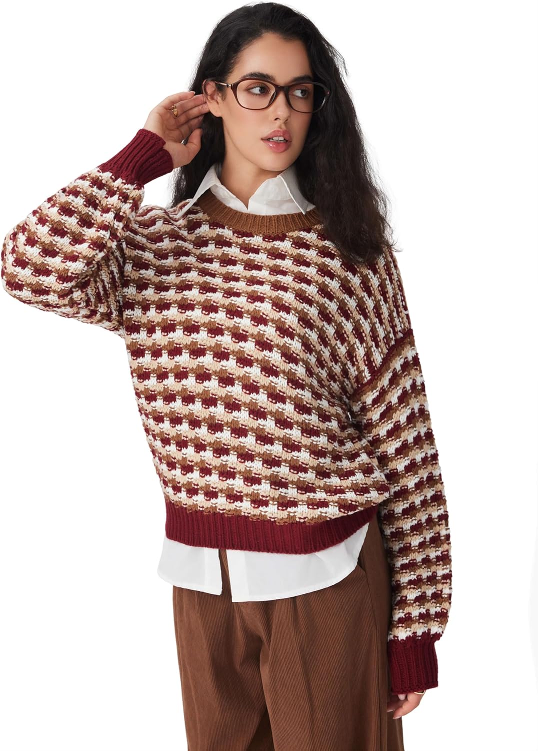 CIDER Women's Sweaters Jacquard Long Sleeve Trendy Knit Sweater Pullover Loose Fit Casual Old Money Fall Outfits - Image 3