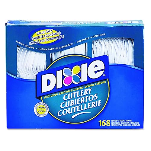 Paquete combinado Dixie CM168CT, bandeja con utensilios de plástico blancos, 56 tenedores, 56 cuchillos, 56 cucharas por pack (caja de 6 paquetes) disponible en Yaxa Guatemala