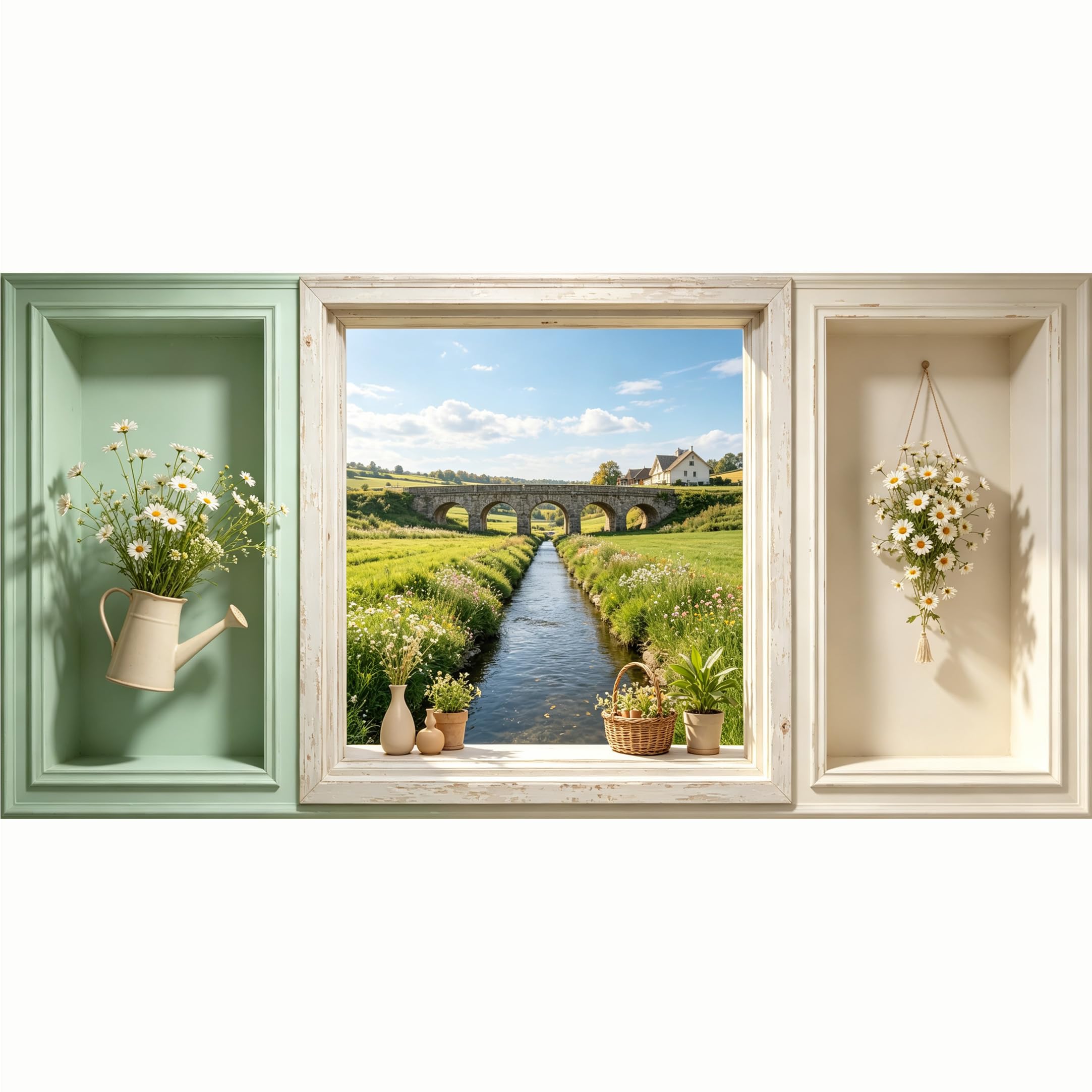 QZLITHOTIC 50x100cm 3D Framed Wall Art， Stone Bridge Countryside Landscape Farmhouse Floral Window View SelfAdhesive Mural， WaterActivated Peel & Stick Fabric Decor Wall Decal for Bedroom Living Room