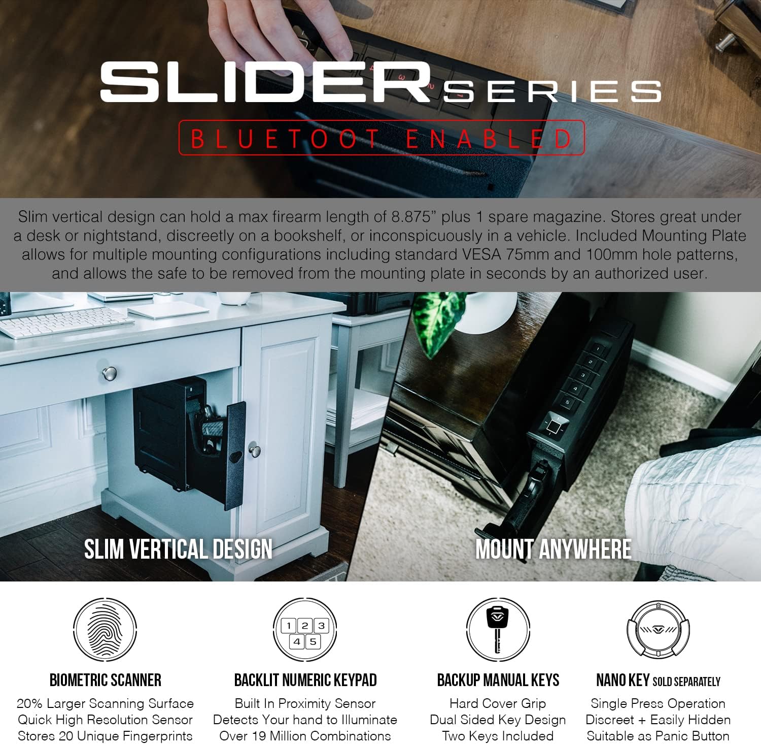 VAULTEK Slider Series Rugged Smart Handgun Safe Quick Auto-Open Sliding Door Pistol Safe with Rechargeable Li-ion Battery