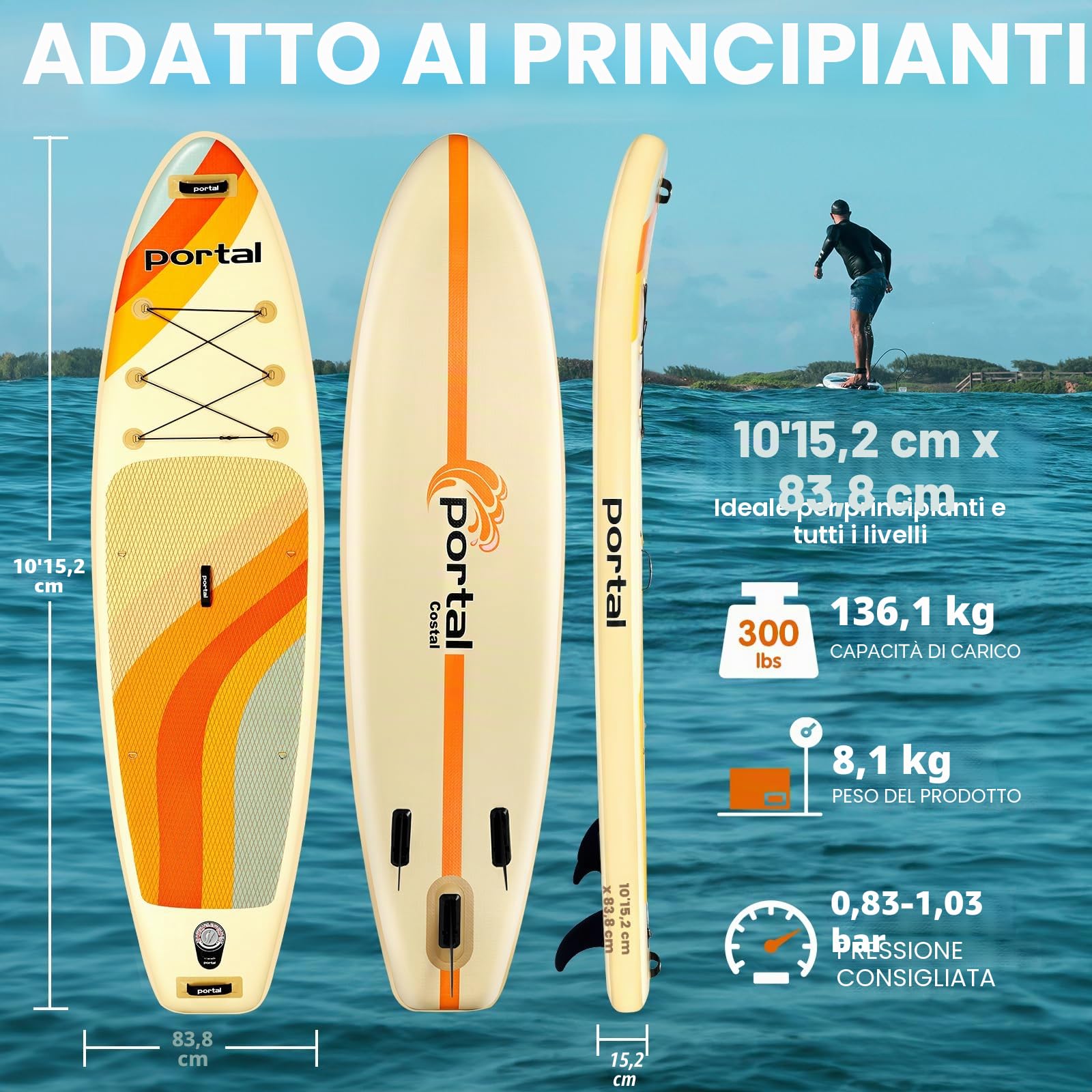Portal Tavola da stand up paddle, 10'6x33 x6 tavole gonfiabili con accessori SUP tra cui borsa per il trasporto, pompa a mano, pagaia, guinzaglio, pinna, kit di riparazione, custodia impermeabile per