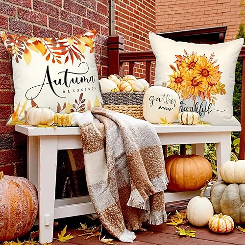 Miniatura 4 de Ywlake Juego de 4 fundas de almohada de otoño de 16 x 16 pulgadas, diseño de girasol, calabaza, girasol, vacaciones, 16 x 16 pulgadas, fundas de