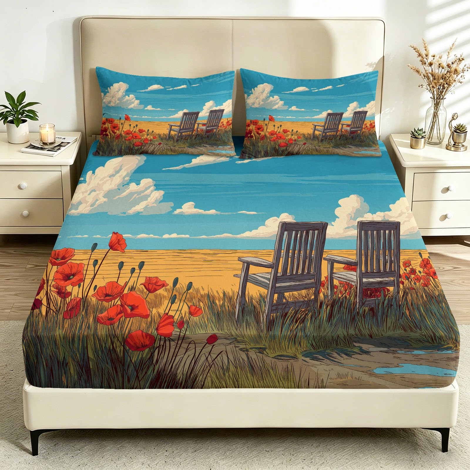 Sábana bajera ajustable multicolor con paisaje de anime, 150 x 200 cm, fácil cuidado, 30 cm de profundidad, sábana bajera ajustable con flores, campo de prado botánico, suave, transpirable, cómoda