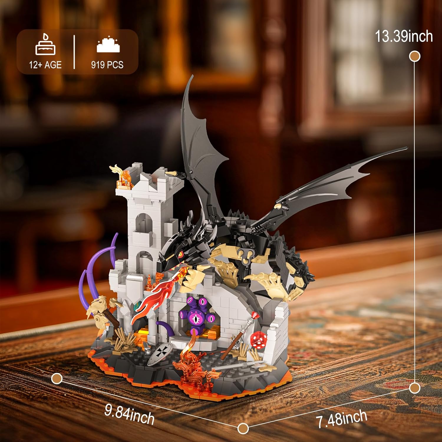 Dragon Fire Castle Building Blocks Set for Adults Boys Girls - Creative Dragon Fire Castle Building Toy, Halloween Decor, Home Office Collect and Display Models, Birthday Gifts (919 Pieces