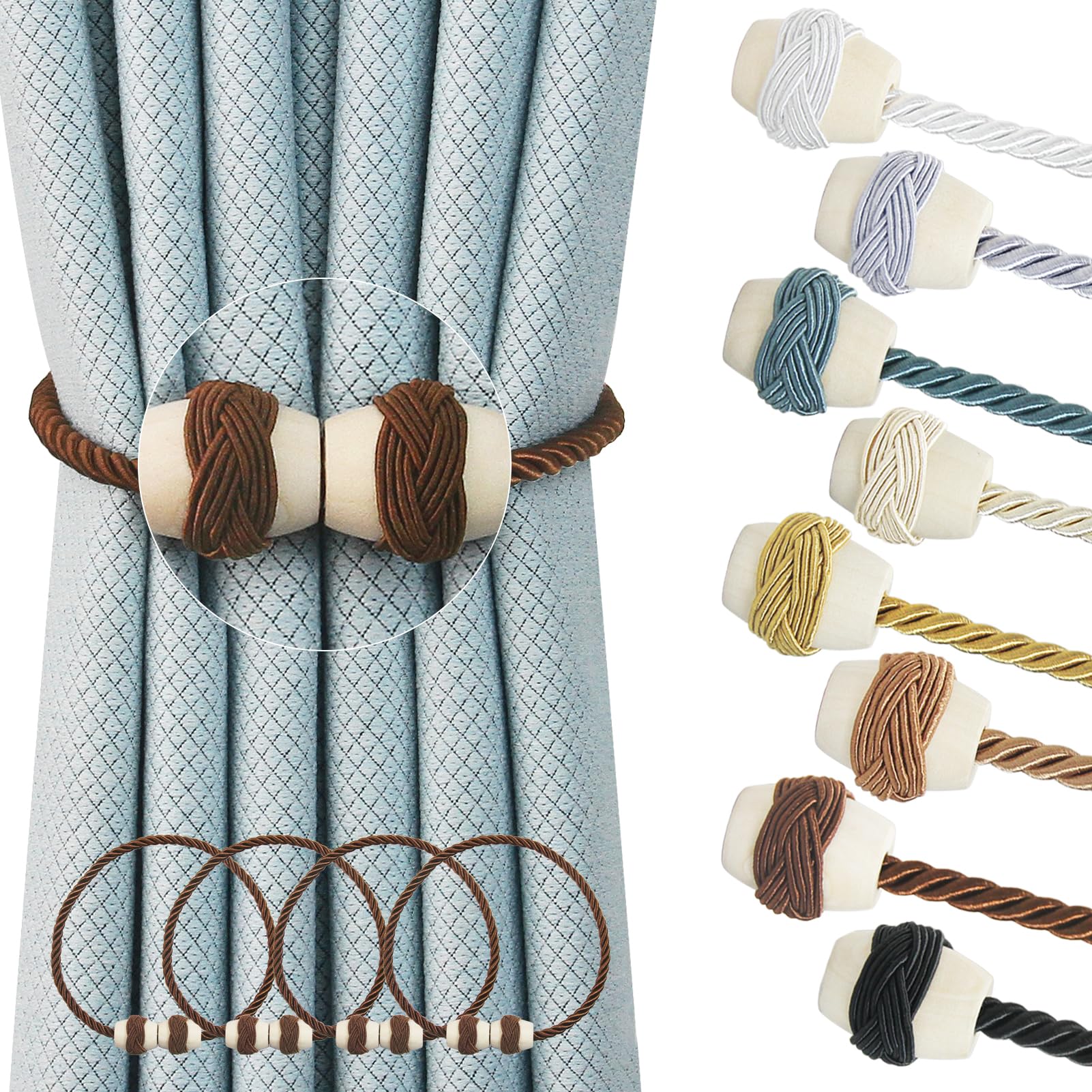 Hangtty Curtain Tiebacks Magnetic Rope Tie Backs Handmade Curtains Holders for Drapes Outdoor Decorative Window Holdbacks, Coffee 4Pack
