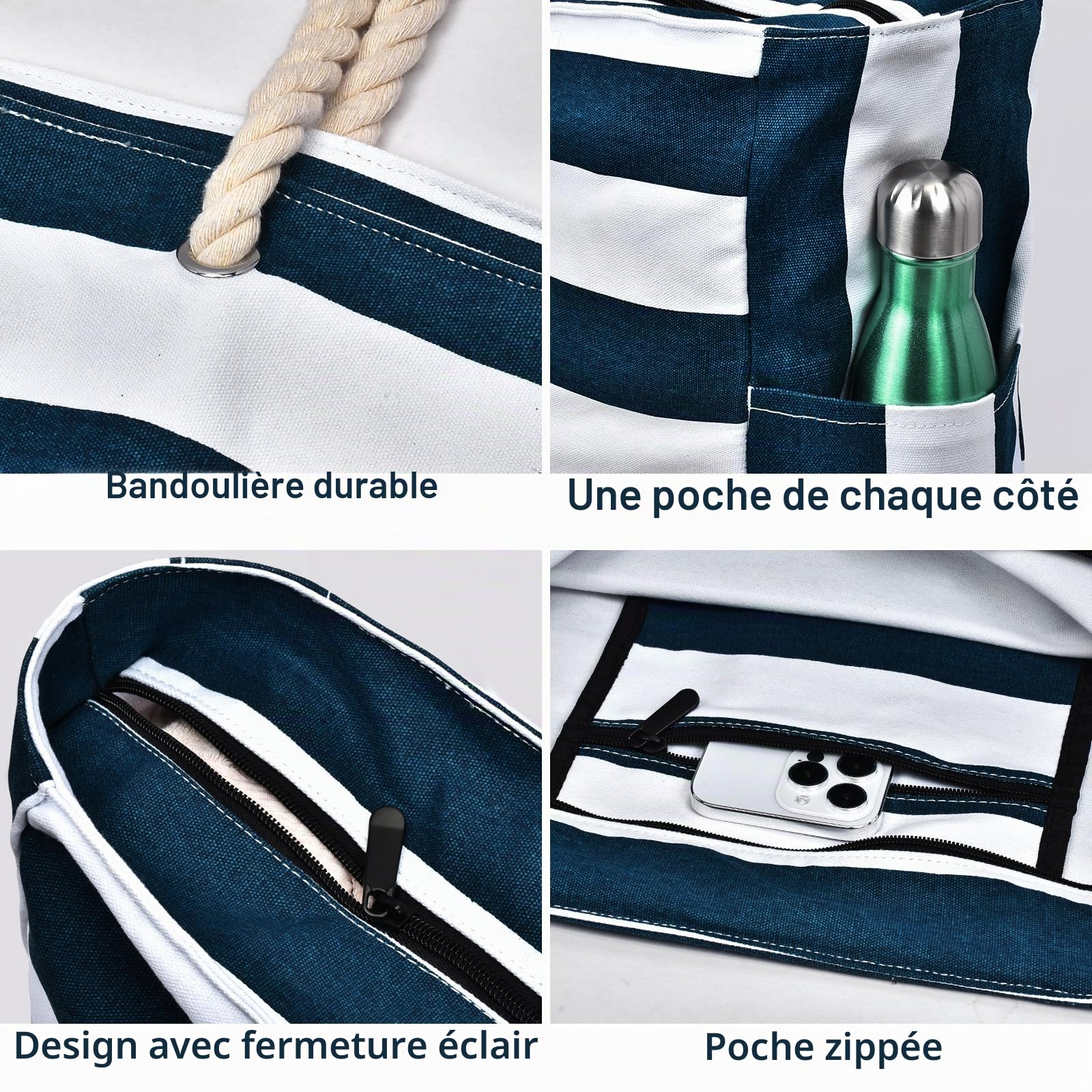 oscaurt Sac de plage imperméable à rayures avec fermeture éclair et poche anti-humidité, grand sac de plage pour femme