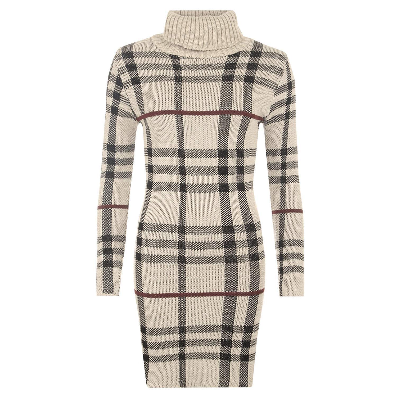 GirlzWalk ® New Ladies Polo Neck Tartan Knitted Midi Women Long Sleeve Bodycon Jumper Dress (Beige Check, XXL/UK 20-22)