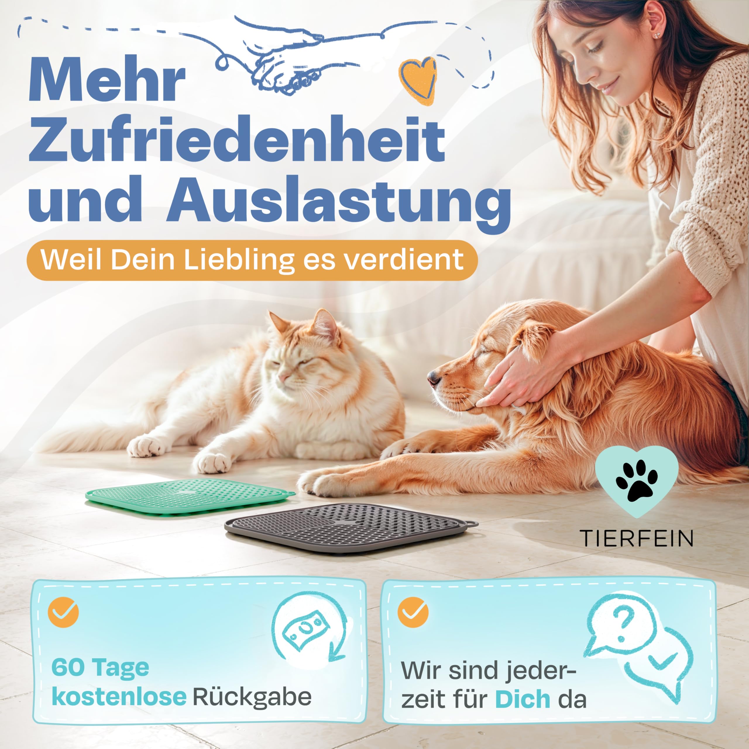 TIERFEIN – Schleckmatte Hund mit Saugnäpfen (2er Set, 20x20 cm) – Schleckmatte Katze zur Beruhigung & Förderung von langsamen Fressen – Leckmatte Hund inkl. Spatel & Bürste, BPA-frei