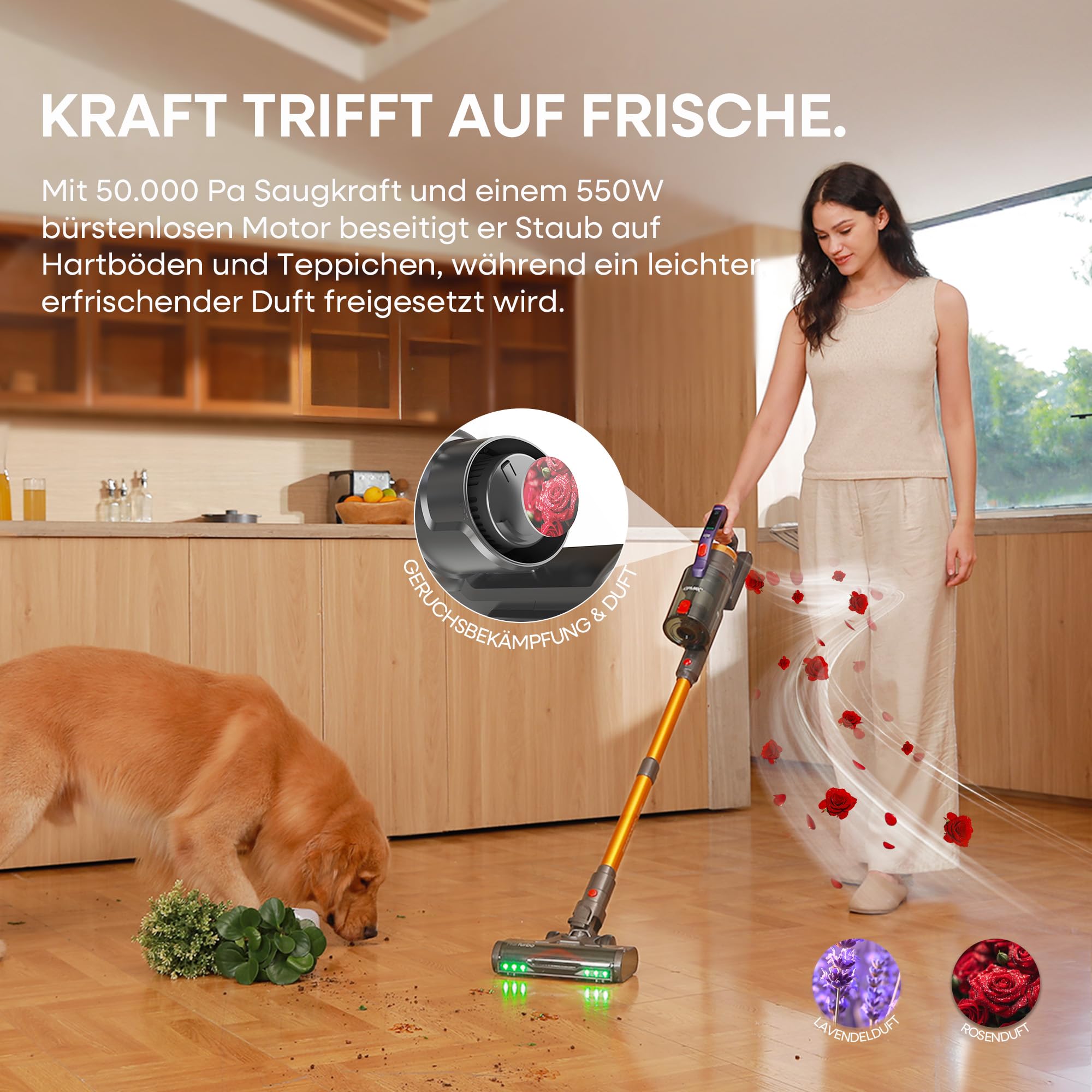 KIPMAX Akku Staubsauger 50000Pa/550W/70Min,1.5L akku Staubsauger Kabellos mit Display,Anti-Tangle-Bürste,7-Schicht-Filtra & Duftfunktion für Teppiche/Tierhaar/Hartböden