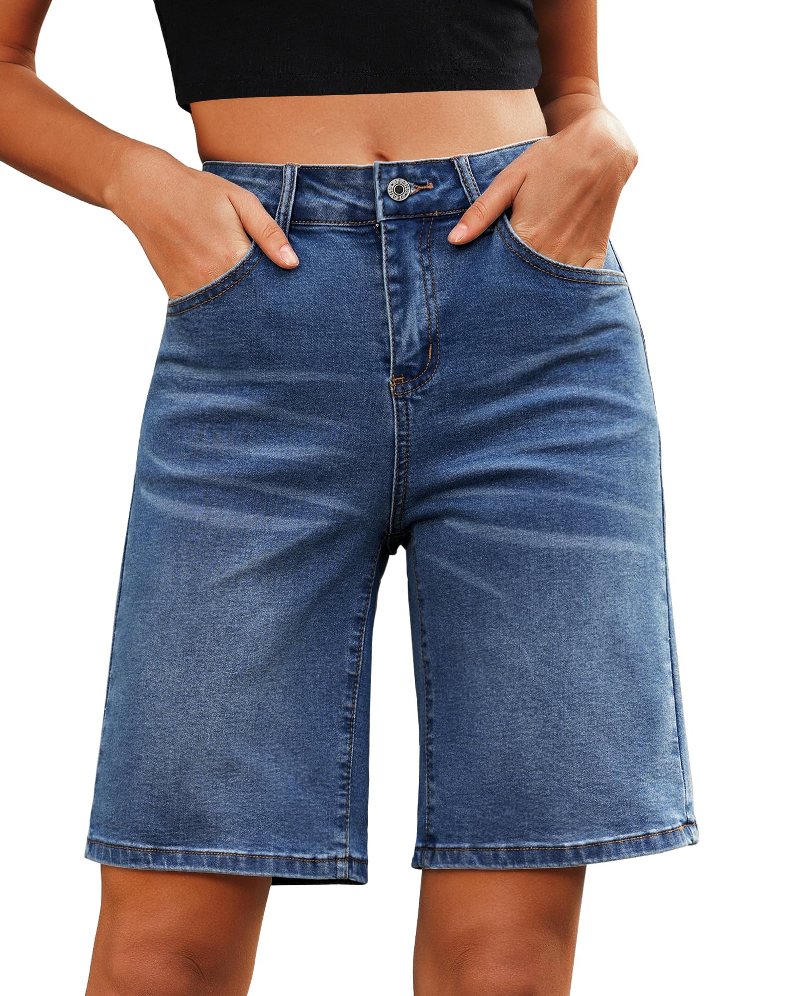 Utyful Jean Bermuda Shorts for Women High Waisted Trendy Long Stretchy Denim Shorts Knee Length Casual Summer Jorts