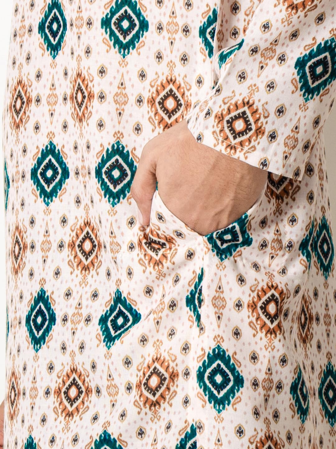 Chandrakala Slim Fit Printed Kurta for Men Cotton Long Sleeve Straight Tunic Beige Bottle Green,X-Large (MK114BEI4) - Image 4