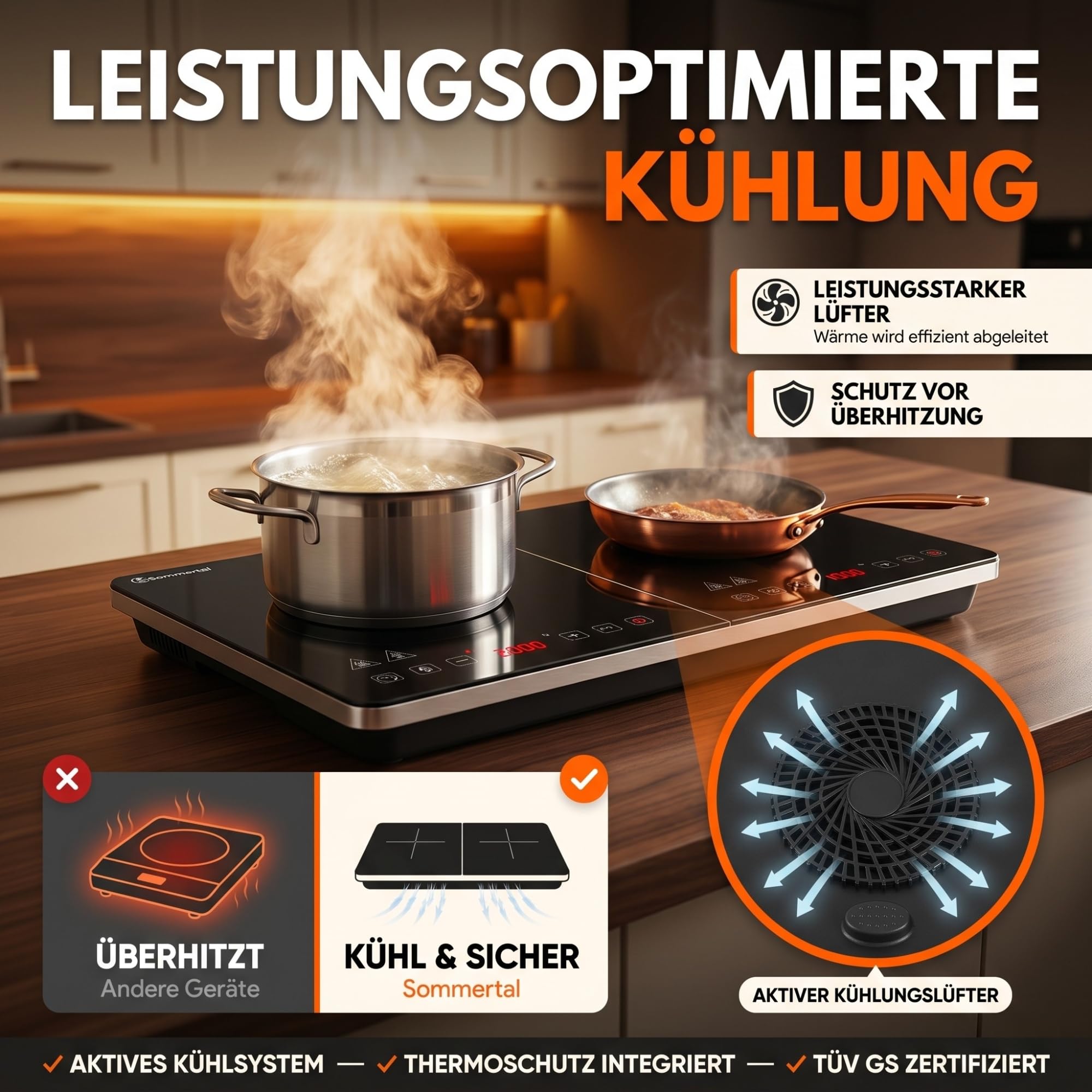 Sommertal Induktionskochfeld 2 Platten 3500W tragbar Touch-Bedienung 240°C Timer