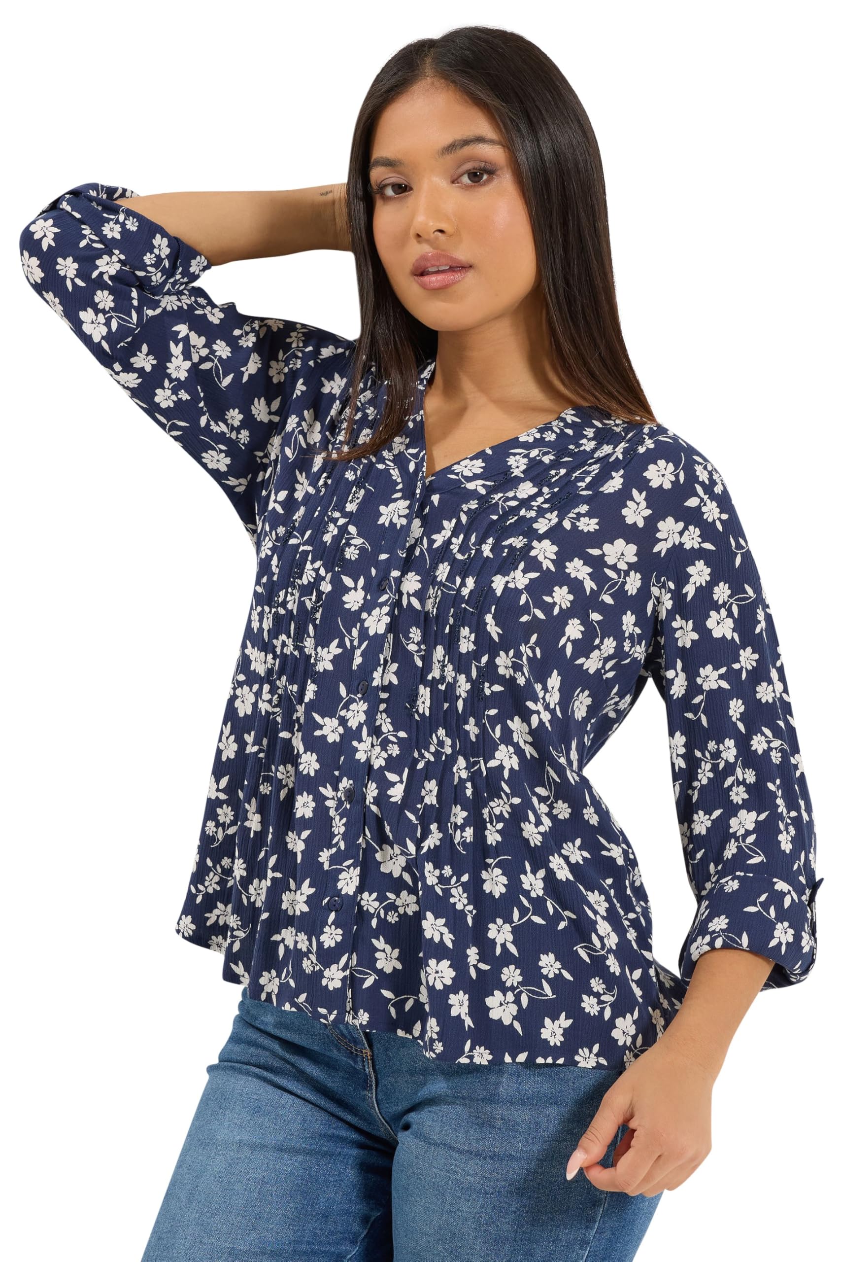 M&Co Women's Petite Blouse - Floral Print - Sequin Detail - 3/4 Roll Tab Sleeves - Mid Navy - Size 14