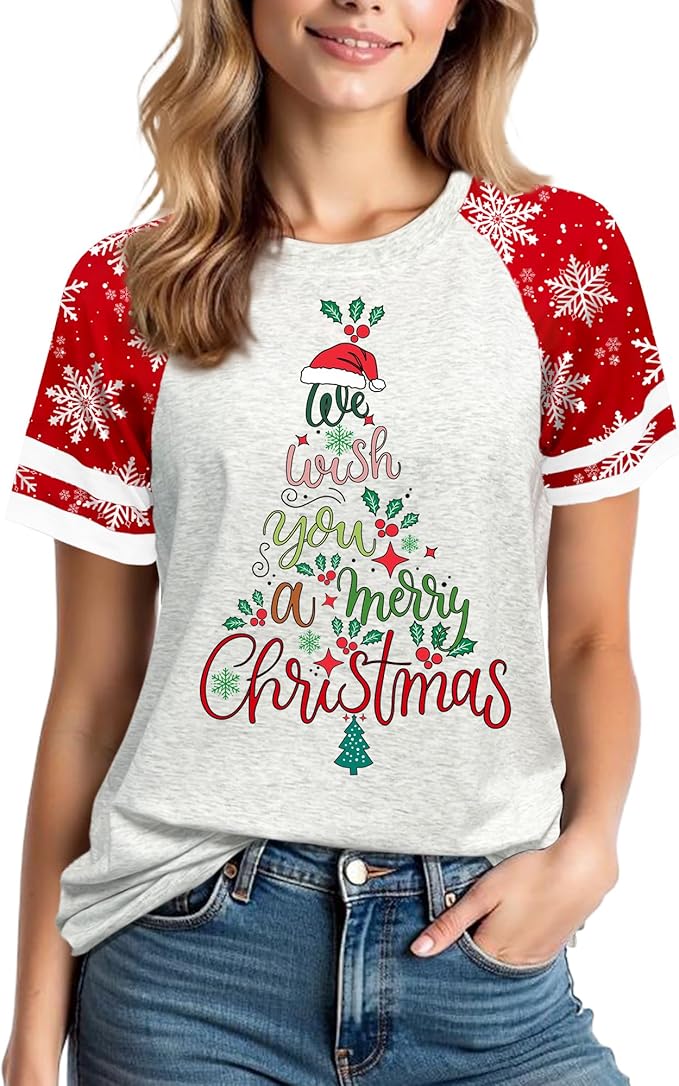 Christmas Shirts for Women: 2025 Fashion Color-Blocking Creativity Botany Cartoon Costumes Short Sleeve Printed Shirt