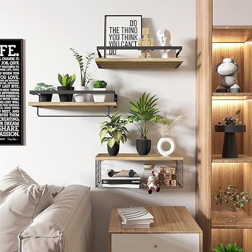 Miniatura 2 de Toalleros para baño montado en la pared, 3 estantes flotantes con cesta de almacenamiento, organizadores de baño, estantes de madera rústica