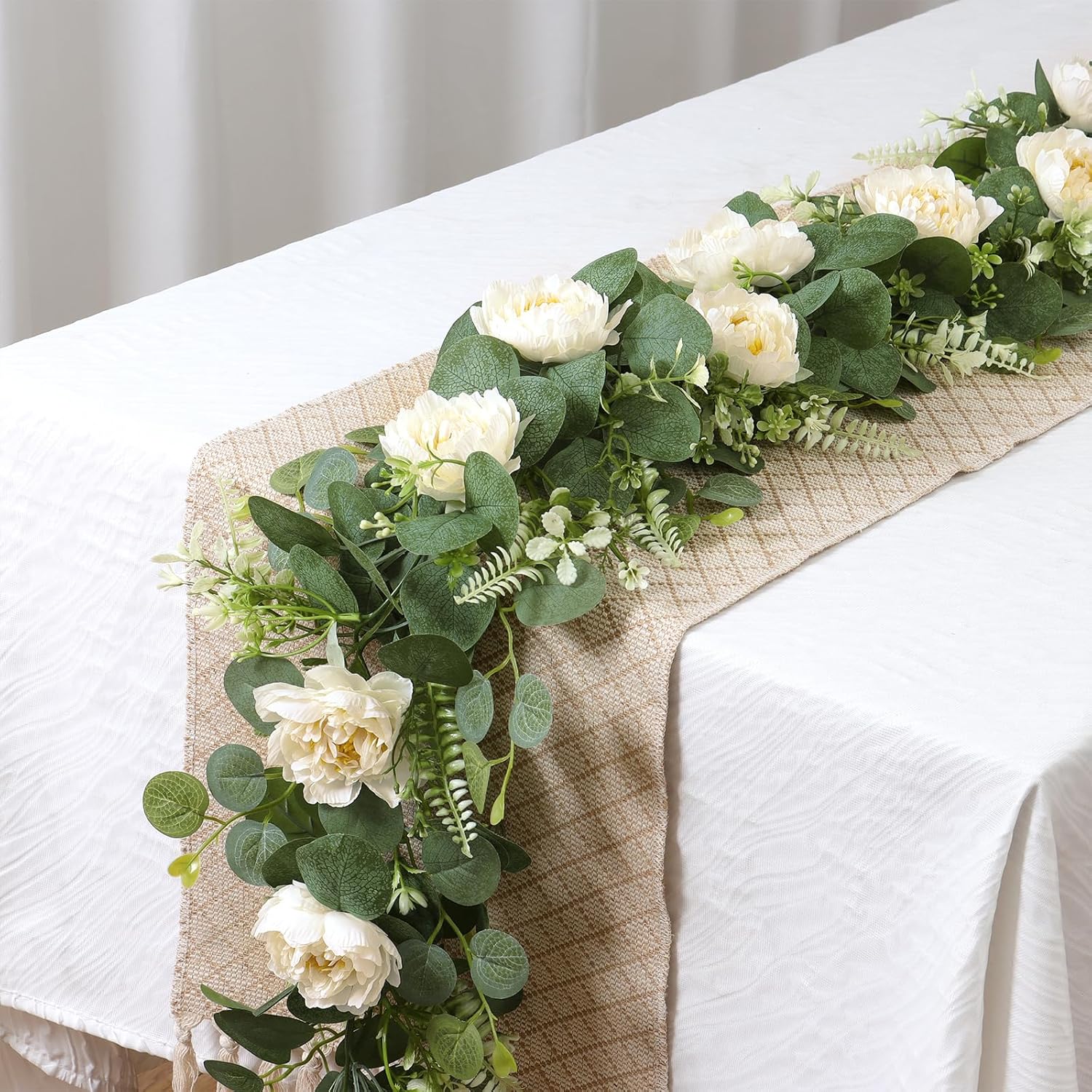 DEMIUKO 2PCS 6.56Ft Artificial Eucalyptus Flower Garland Fake Peony Flower Vine Faux Eucalyptus Leaves Greenery Garlands Spring Garland for Wedding Party Centerpiece Arch Table Runner Backdrop Decor