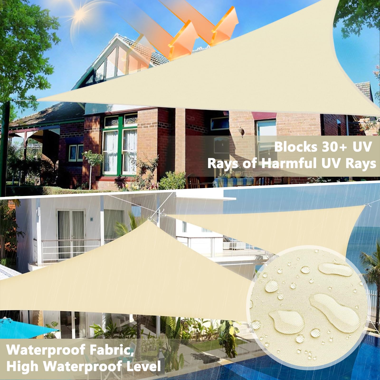 FAMKEEP Voile d'ombrage triangulaire 3 x 3 x 3 m, protection UV, pour jardin, balcon, terrasse, camping, résistant aux intempéries, avec cordes de fixation, couleur crème