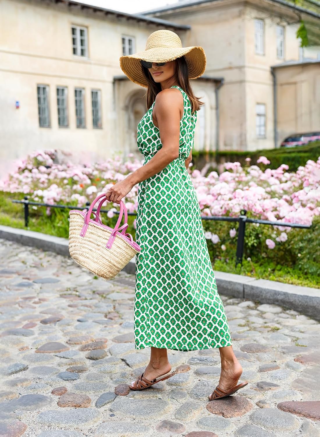 miduo Womens Casual Summer Halter Neck Sleeveless Bohemian Geometric Pattern Flowy A Line Maxi Long Dress with Belt - Image 4