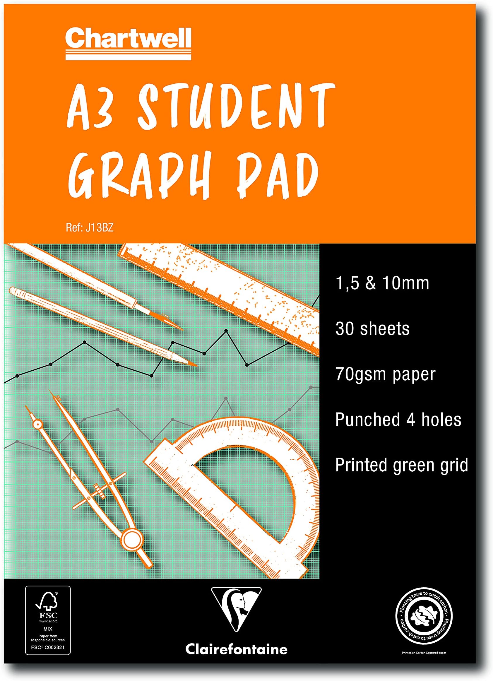 Clairefontaine - Ref J13BZ - Chartwell Graph Pad (Contains 30 Sheets) - A3 (420 x 297mm) Sized, 1, 5 & 10mm Square Rulings, 70gsm Punched Paper, FSC-Certified