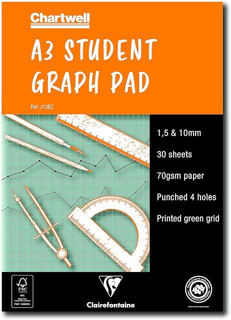 Clairefontaine - Ref J13BZ - Chartwell Graph Pad (Contains 30 Sheets) - A3 (420 x 297mm) Sized, 1, 5 & 10mm Square Rulings, 70gsm Punched Paper, FSC-Certified