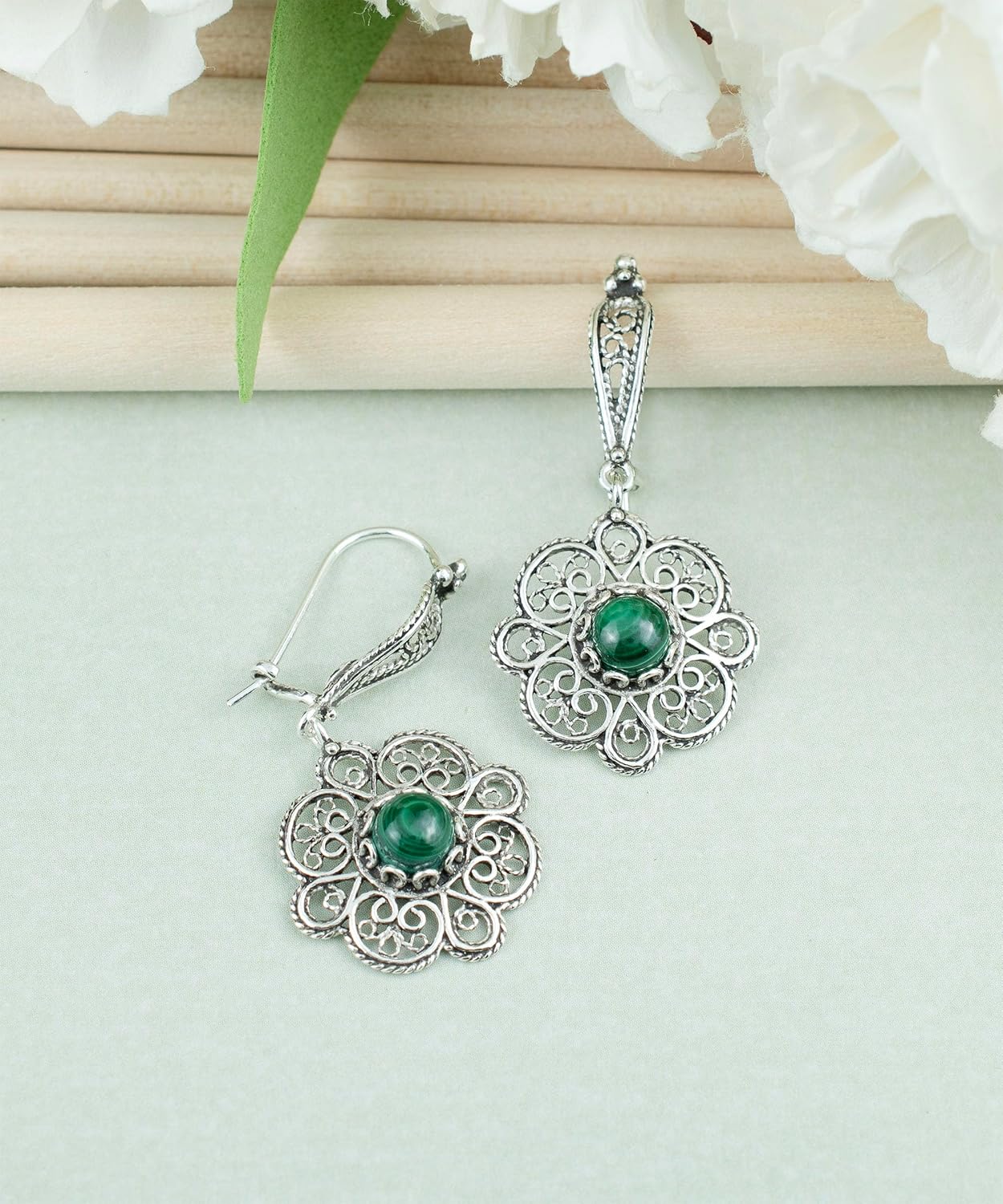 FILIGRANIST Sterling Silver Filigree Art Floral Design Woman Dangle Drop Earrings with Gemstones