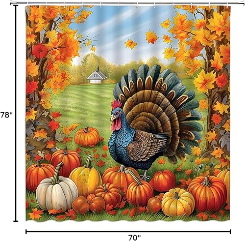 Miniatura 10 de Cortina de ducha de pavo para el día de Acción de Gracias, rústica, otoño, cosecha, calabaza, hojas de arce, granja, creativa, tela para decoración