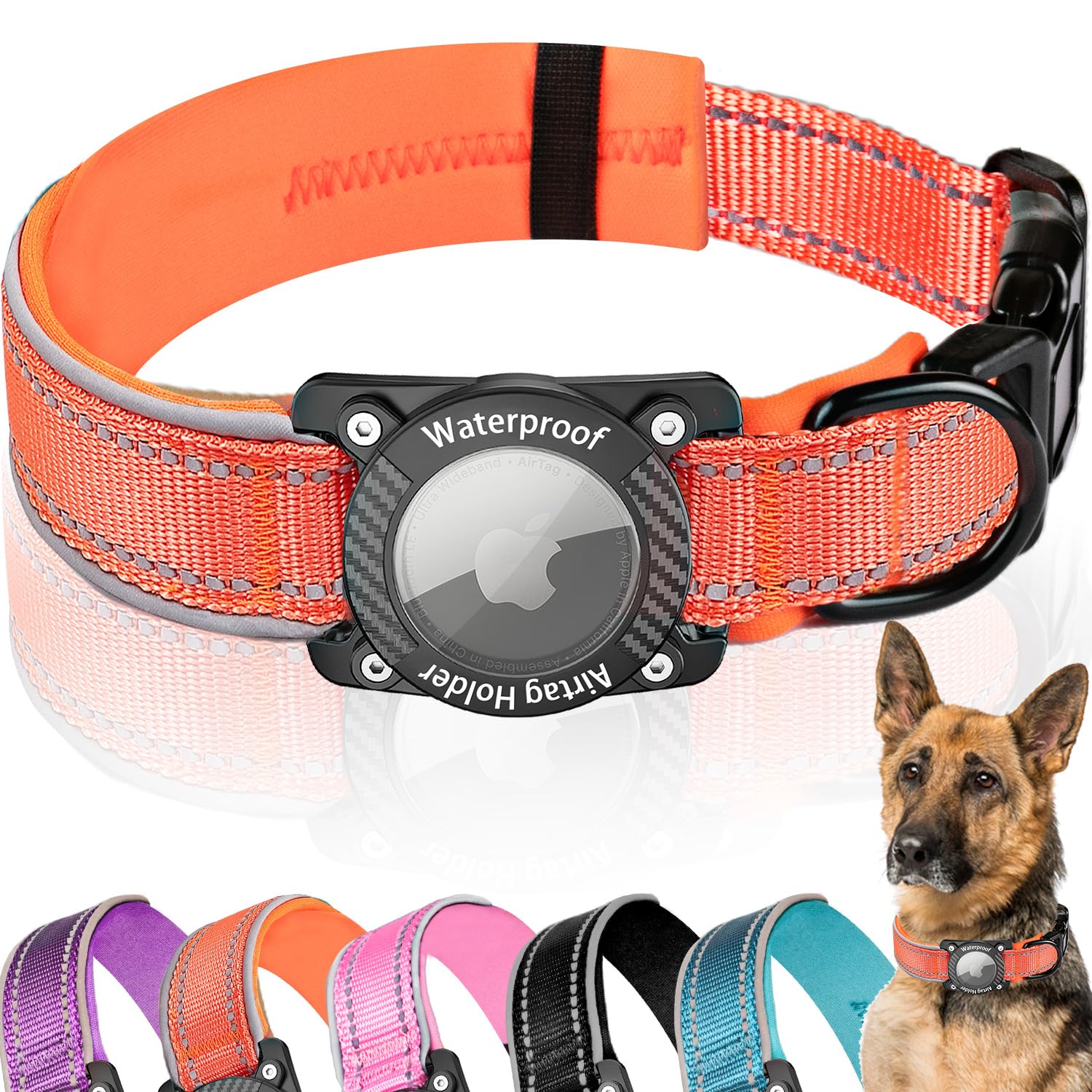 AgoumLux Upgraded AirTag Dog Collar, IP68 Waterproof Dog Collar with Apple Air Tag Holder, Reflective Adjustable Heavy Duty Dog Collars with Soft