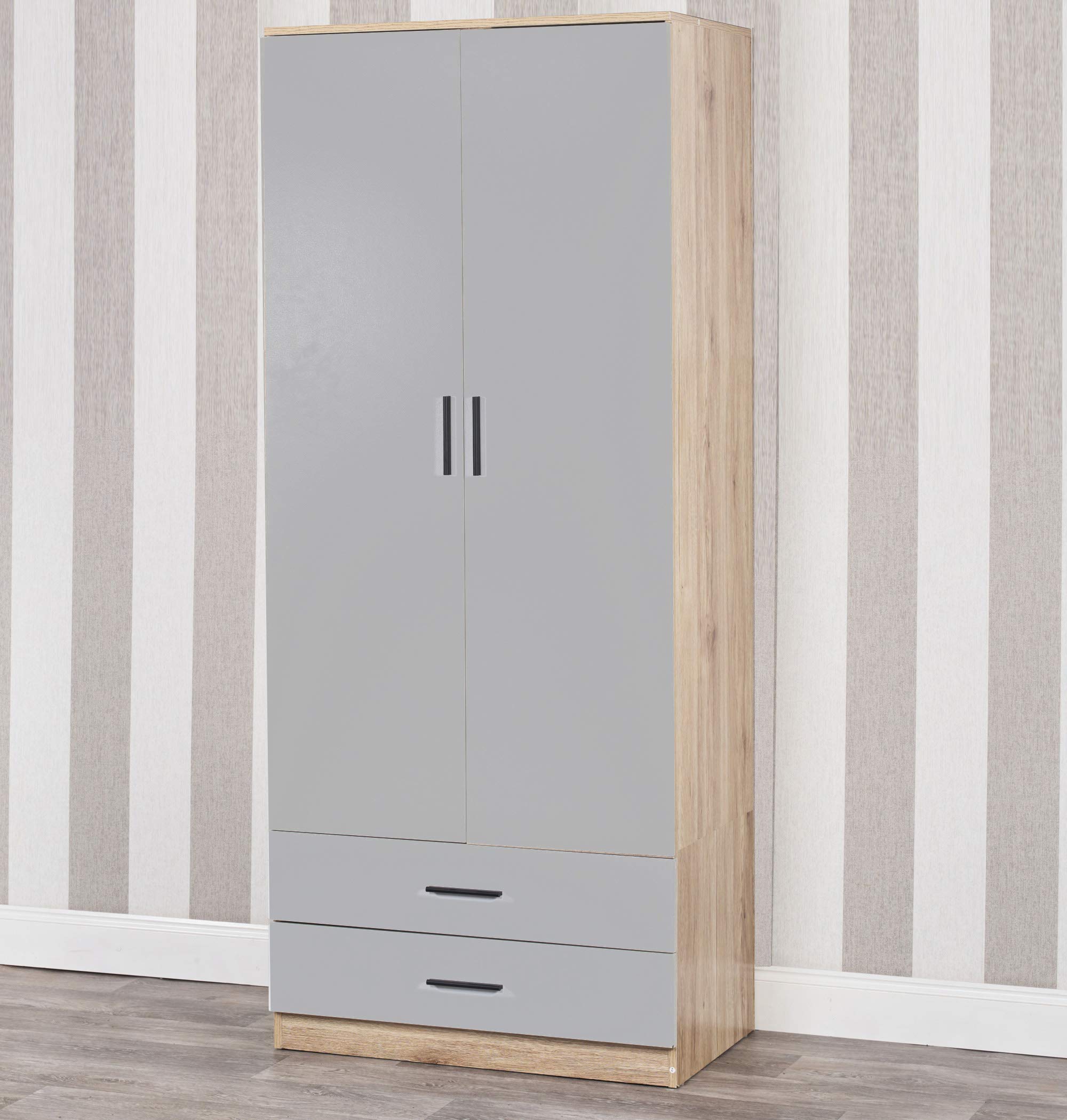 URBNLIVING Tall Wooden 2 Door Oak Wardrobe With 2 Drawers Bedroom Storage Hanging Bar Clothes (Oak Carcass + Grey Drawers)