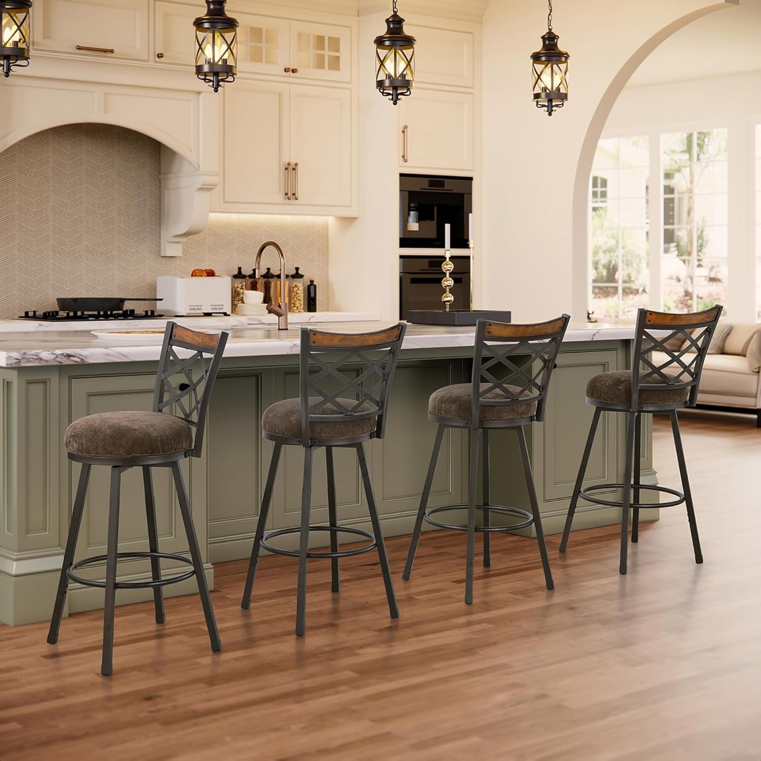KORZEY Swivel Bar Stools Set of 4, 25/30 Inch Adjustable Brown Fabric Bar Chairs with Antique Brass Frame, Mid-Century Counter Barstools with Back for Kitchen Island