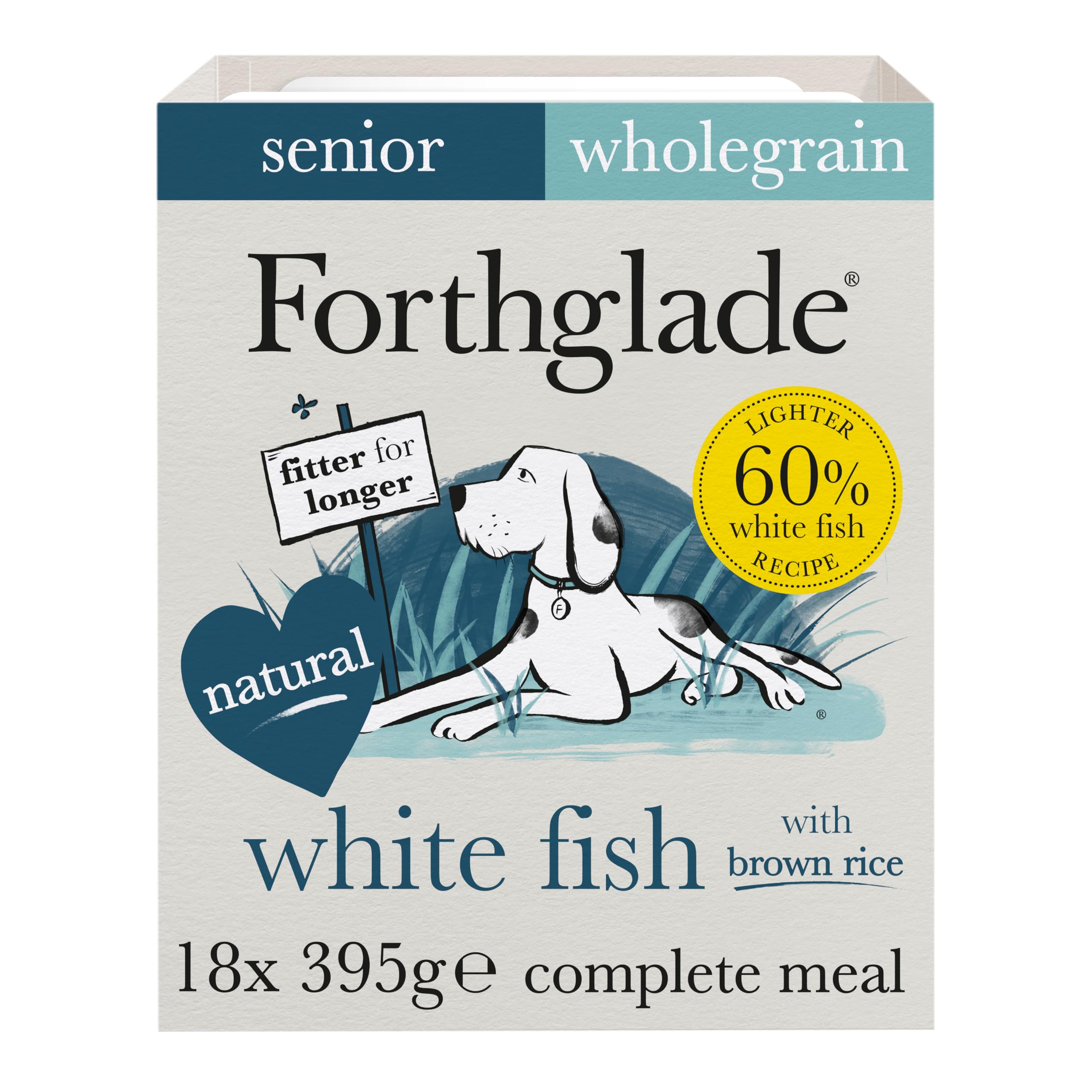 Forthglade Wet Dog Food (18 x 395g Trays) - Senior 7 Years+, Wholegrain & Hypoallergenic Dog Food, White Fish with Vegetables and Brown Rice, Stomach Sensitive Meals with Natural Ingredients